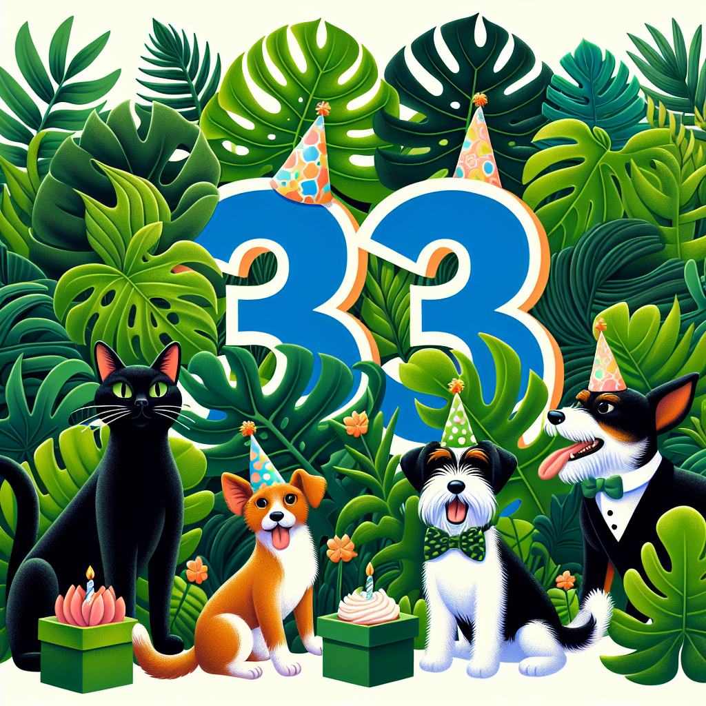 33, Plant mom, Monstera, Black cat, Ginger cat, Tuxedo cat, Jack russell cross, and Maltese terrier Birthday Card