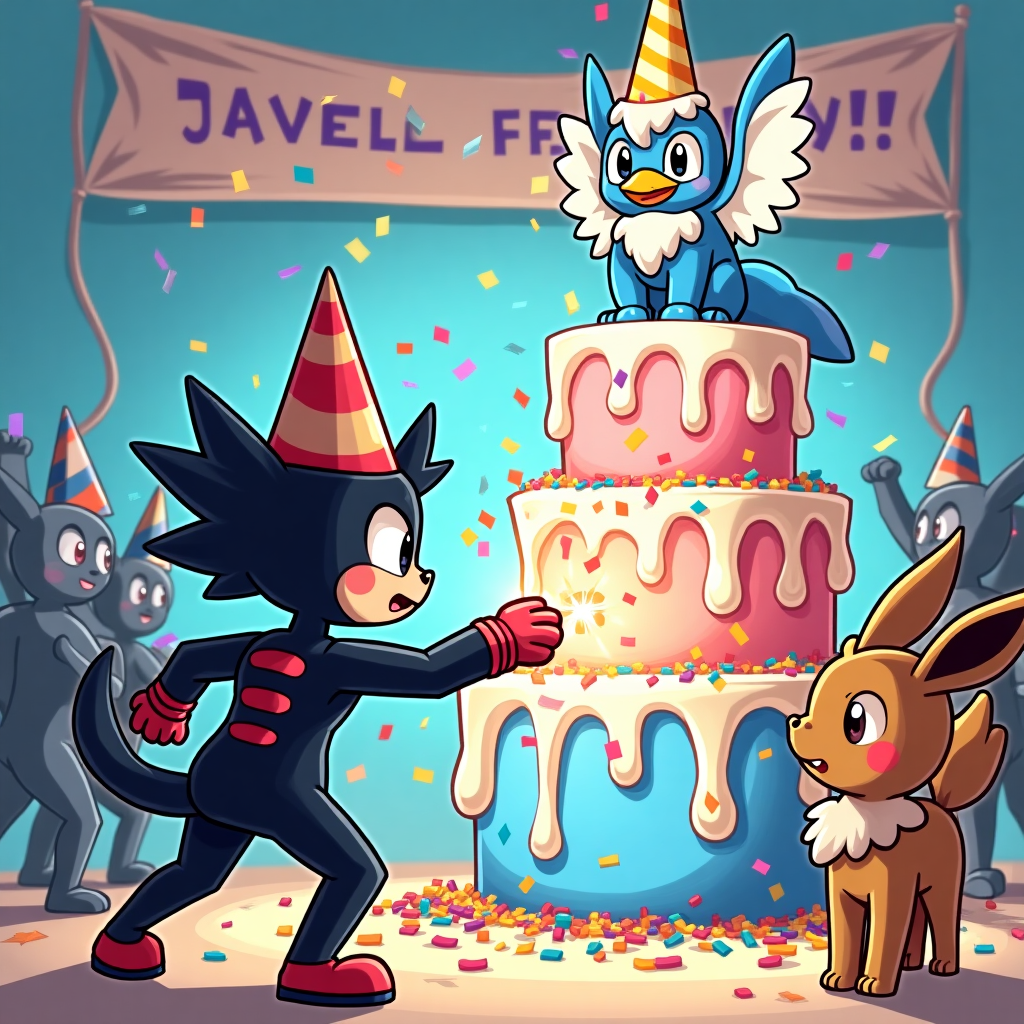 **Prompt:**  

**At the top of the cartoon image:**  
*“Happy Level-Up Day, Mikey! Time to Evolve... or just eat more cake!”*

**Image Description:**  
A vibrant cartoon-style birthday battle scene featuring Sung Jinwoo from Solo Leveling decked out in a party-themed Shadow Monarch outfit (party hat on his shadow army, included), dramatically facing off against a fabulous, frosted-up Articuno perched on a towering ice cake shaped like a birthday candle.

On Jinwoo’s side: a very serious-looking Umbreon with a glittery "Bouncer" sash, blocking party crashers from stealing cake. Confetti cannons go off in the background, launched by confused shadow soldiers holding party poppers and wearing crooked balloon hats.

Articuno launches a Blizzard move—but instead of ice, it’s an avalanche of vanilla frosting and sprinkles. Jinwoo yells, "Not the suit!" while trying to protect his Shadow Legion from a sugar overdose. Umbreon uses “Confuse Ray” and all the candles on the cake start dancing.

In the background, a “Level-Up Party!” banner sags halfway, one side held up by a mini Eevee with streamer duties.  

Perfect birthday chaos!
Generated with these themes: Sung Jinwoo from Solo levelling, Fighting Pokemon articuno with Umbreon, and .
Made with ❤️ by AI.
