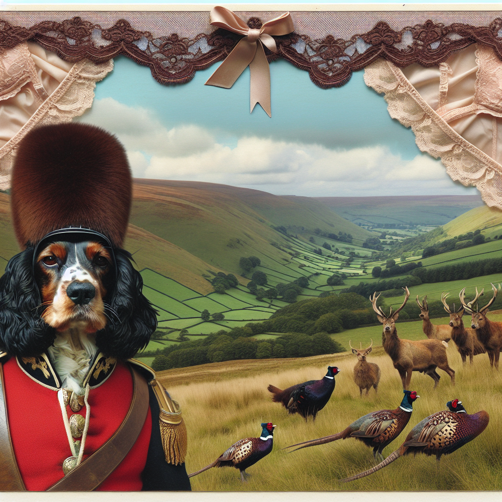 Create an image with a whimsical birthday invitation theme that showcases a Spaniel dressed grandly in a traditional British Army uniform, including a distinctive bearskin hat. The backdrop for this intriguing scene should be the rolling hills of Welshpool, along with its rich landscape dotted with pheasants and deer, giving off an air of countryside sports. Framing the image, feature lingerie-inspired lace borders, adding an element of playful elegance that stands in sharp, fascinating contrast to the realistic center scene, lending it a light-hearted twist.
Generated with these themes: Spaniel, Army, Britain, Lingerie, Pheasant Shooting, Deer Stalking, and Welshpool.
Made with ❤️ by AI.