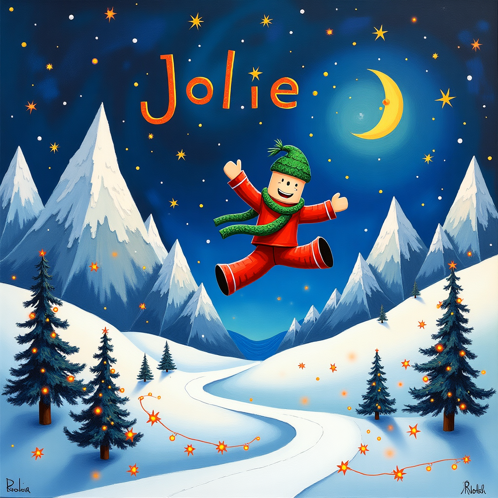 Roblox character jumping and looking at the snowy mountains and starry nights. Wishing Jolie a Merry Christmas 2024. Christmas Card