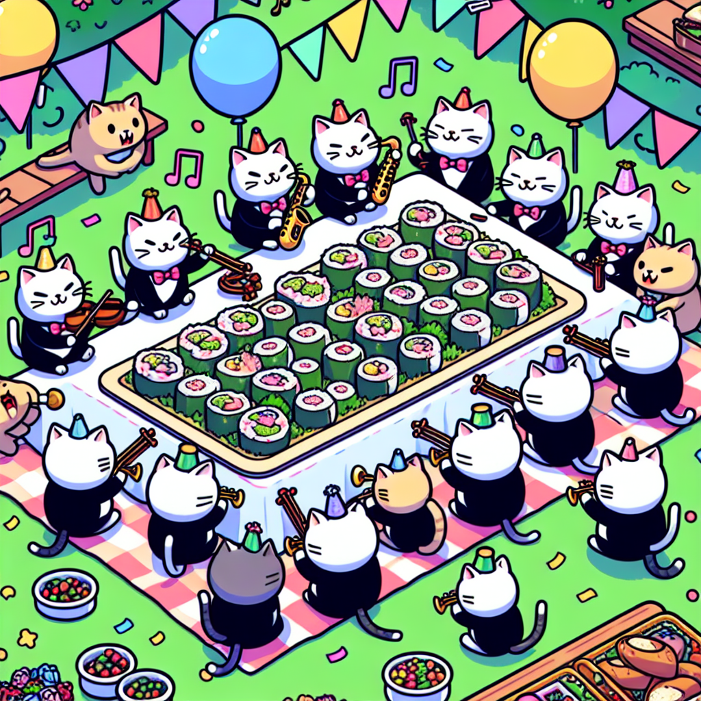 Generate an illustration of a delightful scene. The scene includes a group of cheerful tuxedo cats wearing bowties, gathered around a banquet of spring rolls on a picnic blanket. Each cat in the array plays a different musical instrument, together creating a symphony of birthday tunes. The scene's background is filled with various colors of confetti and balloons, which creates a harmonious blend of a birthday party and a springtime feast.
Generated with these themes: Spring rolls,  tuxedo cats, music.
Made with ❤️ by AI.