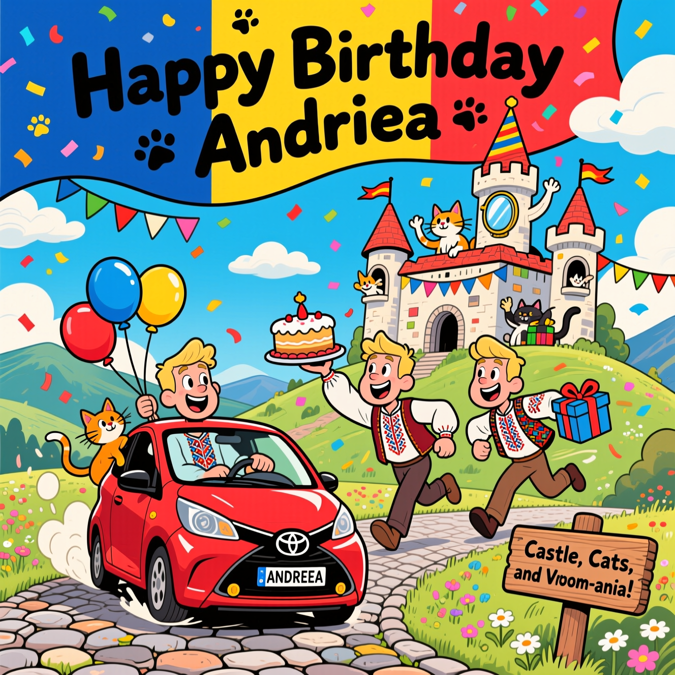 Romania, Handsome Blonde Men, Small Red Toyota Aygo, Castles, Cats, and Birthday Card