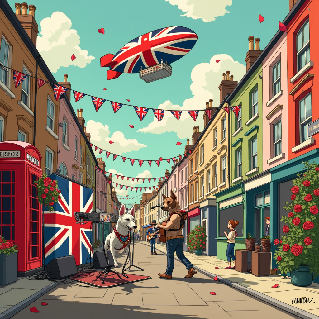 The cover scene features a vibrant street in Bermondsey, whimsically transformed into a lively cartoon setting. The backdrop is a row of charming, colorful British townhouses with Union Jack bunting strung across the street from window to window. Each house has a small, neatly tended garden, and a classic red British telephone box stands prominently on the sidewalk.

In the foreground, two distinctive dogs take center stage—a British Bull Terrier, with its characteristic egg-shaped head and a strong, muscular build, and an English Bull Terrier, with its playful expression and sleek white coat, each donning leather jackets emblazoned with tiny Union Jacks.

To the left, there's a small makeshift stage set up against a backdrop of the Union Jack flag. A cartoon character inspired by rock legends—think of a blend between a punk rocker and a classic British rocker—stands on the stage, wielding an electric guitar, mid-riff, with exaggerated motion lines to show the energy of the performance. Surrounding him are amplifiers adorned with roses, and one prominent red rose stands out as it wraps around the microphone stand, with petals fluttering in the breeze.

In the middle of the street, a quirky figure with a nod to classic British rock fashion, complete with leather pants and a Union Jack tank top, dances joyfully with an electric guitar slung over his shoulder. A small group of animated, cartoonish onlookers—dressed in vintage British attire, complete with bowler hats and suspenders—cheer and clap along.

Hovering above the scene, a blimp decorated with a large Union Jack banner sails through the sky, and smaller clouds drift lazily by, creating a picturesque yet animated London scene.

Lastly, near the bottom right corner, a red rose bush grows vibrantly, framing the scene and adding a touch of nature to the lively street, with petals gently falling and adding a whimsical touch to the overall composition.

This detailed scene integrates all the requested themes into a cohesive and visually engaging story, blending the influences of iconic cartoonists and their distinctive styles.
Generated with these themes: England, Bermondsey , Union Jack bunting , Union Jack flag, Rose, Red rose, Britishbull terrier, English bullterrier, Rock music , Guitars, and Leather.
Made with ❤️ by AI.