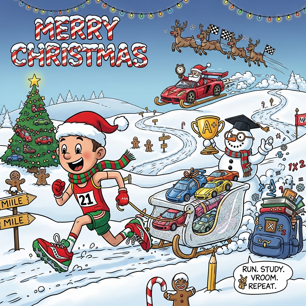 At the top of the Cartoon Style image, Merry Christmas Connor

Playful, funny cartoon winter scene with thick outlines and bright saturated colors: a big-headed, energetic cross-country runner in a Santa hat and scarf charges across a snowy course wearing mismatched red-and-green Saucony running shoes (signature wavy dots visible), legs wildly exaggerated in motion. The winding trail rolls over puffy snow hills marked by candy-cane mile posts and gingerbread spectators, with pencil-shaped signposts poking from snowbanks. He’s towing a glittery clear sleigh like a collector’s display case, packed with shiny miniature sports cars in rainbow colors, each tied with a tiny bow—some popping cheeky wheelies as they jingle along. Academic flair: a scholarly snowman referee in a mortarboard and round glasses proudly hoists a giant golden A+ trophy while math-symbol snowflakes swirl from an overstuffed backpack of textbooks. Overhead, Santa zooms by in a turbo sleigh that looks part supercar (spoiler, chrome exhaust, candy-apple paint), while reindeer act as a goofy pit crew waving stopwatches and checkered flags. In the background, a twinkling Christmas tree decorated with die-cast cars and shoelace garlands sparkles.

Style notes: playful cartoon characters, whimsical proportions, thick black outlines, cel-shaded color, dynamic motion lines, big expressions, saturated holiday palette (holly reds, spruce greens, frosty blues, gold sparkles). Lighting: twinkling fairy lights, soft snow glow, crisp sky.

Text styling: the top text in big candy-cane striped letters with a snowy puffed 3D edge.

Place a small cheeky caption near the bottom on a snowbank, hand-lettered:
Run. Study. Vroom. Repeat.
Generated with these themes: Cross Country, academics, sports cars collecting, sneakers specifically saucony, and .
Made with ❤️ by AI.