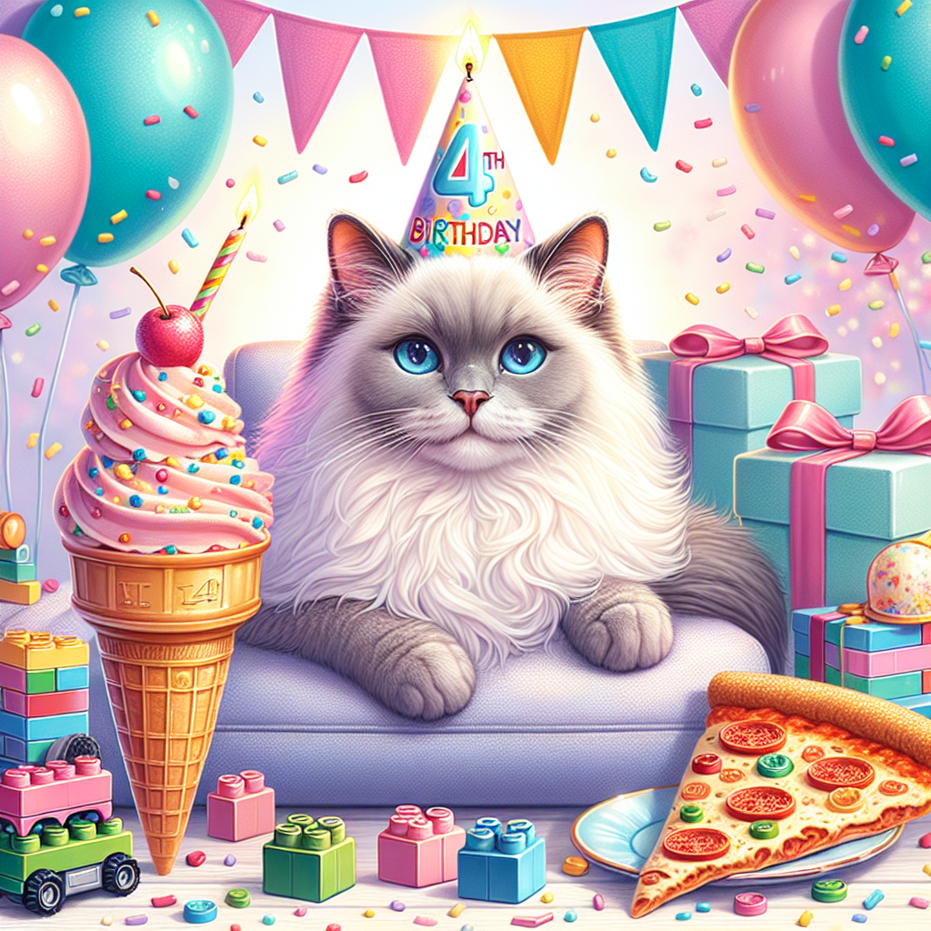Create an endearing image for a grand daughter's 4th birthday celebration. The central subject of the illustration should be a charming grey Birman cat, comfortably seated in the center, adorned with a playful party hat. Surrounding our feline friend, visualize a tempting scoop of ice cream served on a traditional cone, and assorted Lego blocks scattered throughout the composition. A sumptuous slice of pizza placed unobtrusively on the side, hinting at the birthday girl's favourite food. The ambience of the scene is completed by a backdrop of pastel-colored balloons and a spirited explosion of confetti, imbuing the image with the energy of the birthday theme.
Generated with these themes: Birman cat grey, Icecream, Lego, Pizza, and 4th Birthday Grand Daughter.
Made with ❤️ by AI.