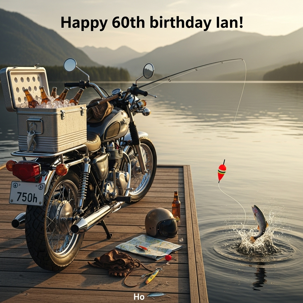 At the top of the Photorealistic picture taken from a camera image, Happy 60th birthday Ian!

Ultra-high-definition 4K UHD vertical photograph in a funny, true-to-life style: On a sunlit wooden dock at a calm lake during golden hour, a classic unbranded motorcycle is parked with its kickstand down, chrome and leather gleaming. A fishing rod is bungeed to the handlebars in an improvised way; the line arcs out over the water but is comically tangled around the rearview mirror before continuing toward a bright red bobber near the dock. A trout splashes mid-jump by the bobber, droplets frozen in the air. On the rear rack, an open metal cooler brims with crushed ice and amber beer bottles, condensation beading realistically; a bottle opener shaped like a fish dangles from a keychain. A vintage helmet rests on the seat, and there’s a tidy scatter of lures, a folded map, and fingerless gloves on the dock. Leave clean sky/soft bokeh treeline in the upper third for the headline, and keep the main subjects centered-left with the lake and mountains softly blurred behind for depth.

Lighting and optics: warm golden-hour backlight with soft rim highlights on chrome, accurate shadows, lifelike textures on wood grain, water ripples, leather, and condensation. Shallow depth of field with rich bokeh; crisp focus on the bike, cooler, and tangled fishing line. Shot as if on a full-frame camera, 35mm lens, f/2.8, ISO 100, 1/500s, natural white balance, subtle lens flare and polarized reflections on water for realism.

Color and tone: warm ambers and sun-golds against cool lake blues and pine greens, high dynamic range without over-saturation, natural contrast, slight vignette to draw the eye to the bike and the splash.

Small additional text: at the bottom in a playful, compact line, Hooked on horsepower and hops. (clean white or warm off-white lettering with a subtle shadow for readability; keep it small and unobtrusive so the image stays the star)
Generated with these themes: Motorbike fishing beer, and .
Made with ❤️ by AI.