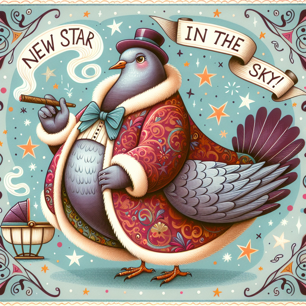 Create a whimsical and joyful image of a plump pigeon, dressed in a large, vibrant coat, engaged in a lively dance. The pigeon has a cigar in its beak, from which smoke elegantly curls, signifying the old-fashioned way of sharing news. The backdrop is filled with festive polka dots and stars, and in the center, a cradle gently sways. Above the cradle, illustrated words 'New Star in the Sky!' form a delicate arc, enhancing the overall atmosphere of an endearing celebration for the new addition.
Generated with these themes: Pigeon, Smoking, and Big coat.
Made with ❤️ by AI.