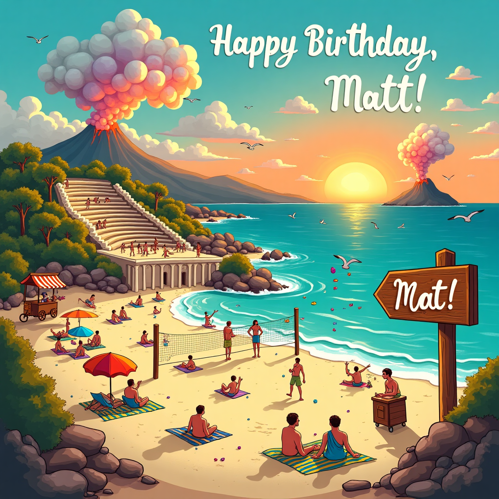 In this whimsical birthday card illustration, a bustling scene unfolds on an idyllic Italian beach, where ancient ruins meet the modern pleasures of life. A vibrant beach stretches across the foreground, dotted with colorful umbrellas and sunbathers lounging on striped towels. The centerpiece is an ancient Roman amphitheater partially submerged in the sand, where a group of toga-clad spectators watch a spirited match of beach volleyball. Just beyond the shore, a charming wooden signpost emerges from the sand, pointing in various directions with humorous distances, and atop it, a banner cheerfully reads "Happy Birthday, Matt!" in bold, swirling letters, flapping in the gentle sea breeze.

To the left, a small, picturesque vineyard thrives, its vines laden with plump grapes, tended by a comically oversized sommelier with a corkscrew in hand, offering tastings to delighted tourists. In the distance, the iconic silhouette of Mount Vesuvius can be seen, with a whimsical twist—it's not spewing lava, but rather vibrant streams of confetti and balloons, cascading down like a volcanic birthday celebration. A small wooden cart near the ruins sells gelato, its vendor tossing scoops of ice cream into the air and catching them expertly, much to the delight of a crowd of seagulls swooping in from the shimmering turquoise sea.

In the sky, fluffy clouds lazily form the letters of Matt's name, creating a playful, ethereal script. Above it all, the sun sets in a riot of oranges and purples, casting a warm glow over this enchanting slice of Italy, blending history, humor, and celebration into a unique birthday tribute.
Generated with these themes: Italy , Wine, Volcano, Beach, Ancient ruins, and .
Made with ❤️ by AI.