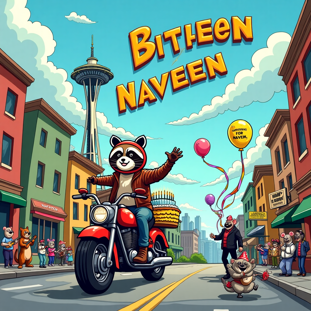 In the heart of a bustling, cartoon-style Seattle, we find a vibrant and whimsical birthday scene unfolding. The iconic Space Needle towers in the background, whimsically bent to resemble a gigantic birthday candle. Below, zipping down a cartoonishly exaggerated hill on a bright red motorcycle is a jubilant, anthropomorphic raccoon wearing a leather jacket and a helmet decorated with a smiley face. Behind the raccoon, on the motorcycle's back seat, a balloon-shaped sidecar is carrying an oversized birthday cake topped with sparklers.

The sky is a cheerful, comic strip blue, scattered with fluffy white clouds that have morphed into the shapes of the letters spelling "Naveen" in big, bold script. These clouds are gently spiraling around a flock of pigeons wearing party hats, carrying streamers that flutter in the breeze.

On the ground, lively, cartoonish characters - a mix of animals and humans - are gathered along the sidewalk. A dog in a Hawaiian shirt is playing a tiny ukulele while a cat wearing oversized sunglasses takes photographs with an old-fashioned camera. A trio of mice is running a lemonade stand, the sign above it reading "Birthday Squeezes for Naveen" in bright, cheery letters. A little further down, a street performer dressed as a magician is pulling out endless strings of colorful scarves from his top hat, with the final scarf reading "Happy Birthday, Naveen!" in sparkling letters.

The entire scene is a vibrant tapestry of humor and celebration, each element bursting with personality and charm, all culminating in a joyous birthday salute to Naveen.
Generated with these themes: In Seattle on a motorcycle.
Made with ❤️ by AI.