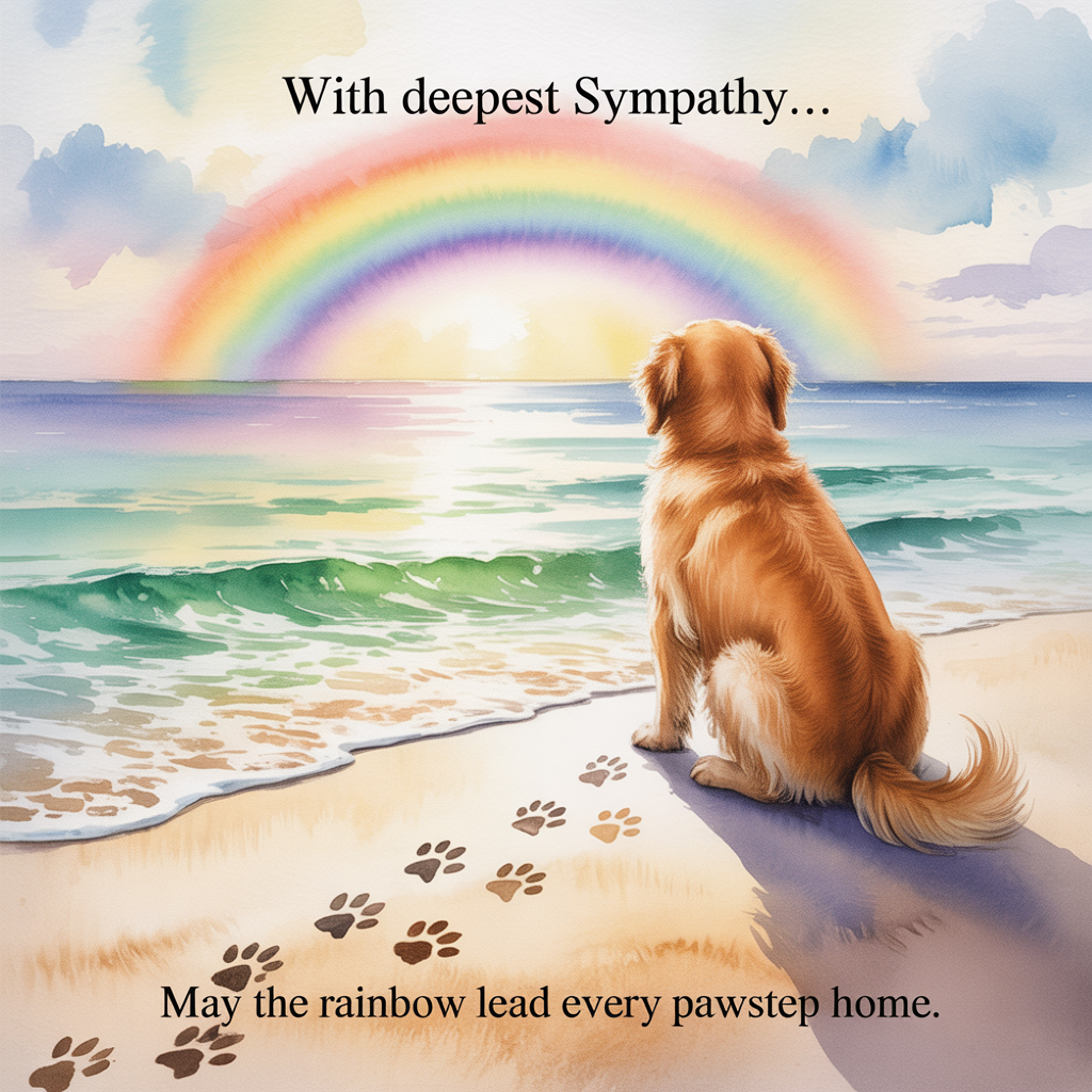 Golden retriever, rainbow, beach, and Sympathy Card