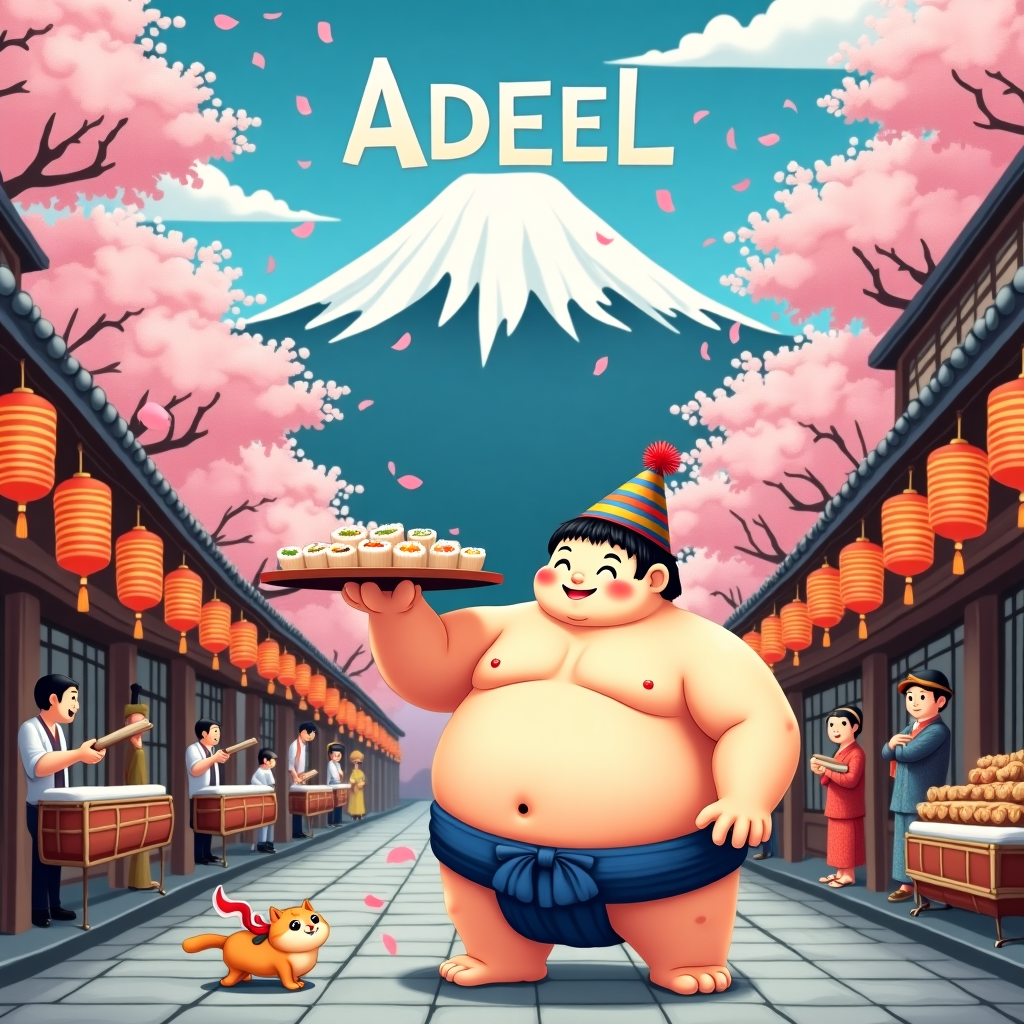 In this whimsical birthday card design, set the scene in a vibrant, bustling Japanese street market during a festival. The foreground features an enthusiastic sumo wrestler, donning a colorful, oversized party hat, attempting to delicately balance a tray of sushi rolls on his broad shoulders while winking cheekily at the viewer. Behind him, a row of quaint market stalls is festooned with brightly colored lanterns in various shades of red, pink, and gold, hanging in a zig-zag pattern across the narrow street. One of the stalls is run by a cheerful vendor wearing a traditional yukata, who is busy selling a variety of delightful mochi desserts shaped like tiny birthday cakes.

In the background, cherry blossom trees are in full bloom, their delicate pink petals gently cascading onto the cobblestone street below. A lively taiko drum band is playing, their instruments almost as big as they are, and their rhythmic beats fill the air with a celebratory vibe. Towering above the scene, Mount Fuji can be seen majestically in the distance, its peak dusted with snow.

The name "Adeel" is cleverly integrated into the scene: written with fluffy white clouds, the letters drift whimsically across the bright blue sky, as if painted by a mischievous breeze. Below, a playful cat with a red collar and a little bow on its tail is batting at a stray cherry blossom petal, adding a touch of humor and charm to this vibrant, birthday-themed Japanese festival scene.
Generated with these themes: Japan.
Made with ❤️ by AI.