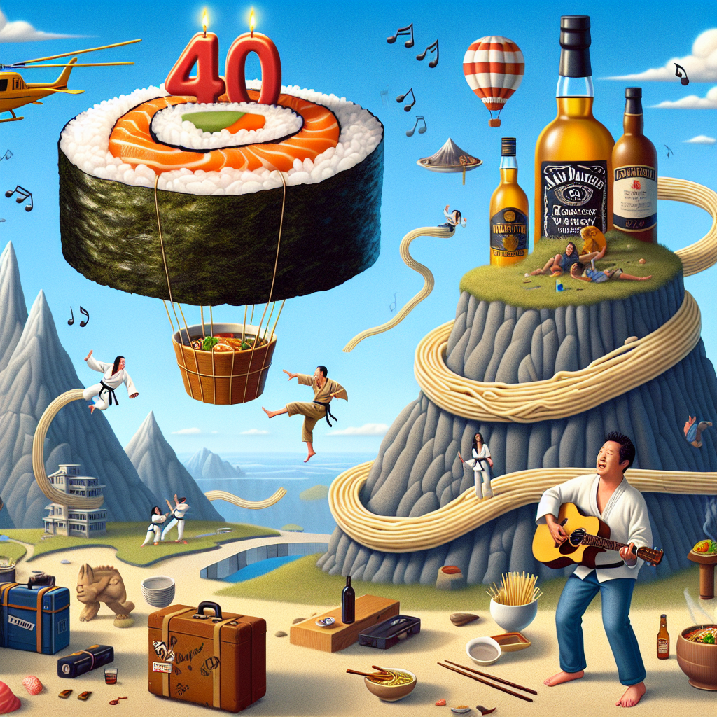 A playful birthday image where a colossal sushi roll functions as a festive airship, smoothly gliding over a fantasy territory. Underneath, a chain of ramen noodles snakes between towering mountains shaped like bottles of whisky, wine, and beer. In the foreground, a generic male figure with a playful lean, strums a guitar perched on a cliff shaped like the number 40, with a travelling backpack by his side. In the ambiance, music notes float haphazardly and a dojo emerges from behind a knoll, where distinct characters partake in jiu-jitsu. An adventurous scene ensues as a hot air balloon, moulded like a piece of nigiri, floats towards the skyline.
Generated with these themes: Brother, 40th, Travel, Sushi, Ramen, Whisky, Wine, Beer, Music, Jiu-jitsu , and Adventure.
Made with ❤️ by AI.