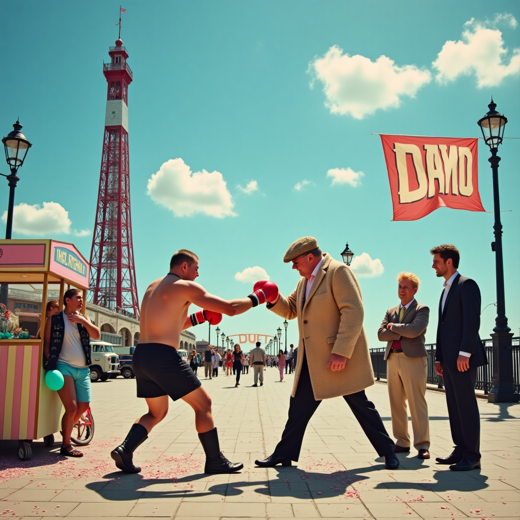 On the bustling promenade in front of the iconic Blackpool Tower, a peculiar and lively scene unfolds, perfectly capturing the eclectic mix of themes. The backdrop features the striking Blackpool Tower standing tall against the azure sky, with fluffy clouds subtly spelling out "Happy Birthday, Damo" as a whimsical nod to the recipient. In the foreground, Paddy Pimblett, clad in his signature MMA gear, is mid-action, delivering a playful jab towards a comically exaggerated Rodney Trotter, who is dressed in his familiar sheepskin coat and flat cap, caught in a defensive stance. Watching intently from the sidelines is David Guetta, perched on a small DJ booth set up on the promenade, his headphones around his neck, and a look of amusement and intrigue on his face. Nearby, Gail Platt stands with her hands clasped, her expressive eyes widened in surprise at the unfolding spectacle. Owen Wilson is casually leaning against a vintage ice cream cart, his trademark blonde hair tousled by the sea breeze, a slight smile playing on his lips as he observes the playful encounter. The ground is adorned with confetti and balloons in vibrant colors, adding a festive touch to the scene, while a vibrant birthday banner with "Damo" written in bold letters hangs between two streetlamps, fluttering gently in the wind, ensuring that amidst the action, the celebration's focal point is never forgotten.
Generated with these themes: Paddy pimlet fighting Rodney trotter, David Guetta watching, Gail platt watching, Owen Wilson watching, and Outside Blackpool tower.
Made with ❤️ by AI.