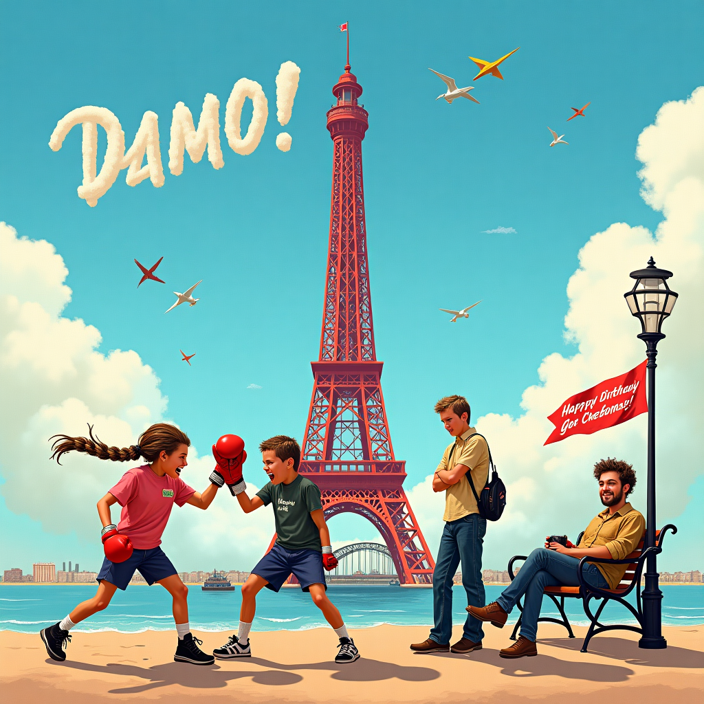 Under the towering grandeur of Blackpool Tower, a vibrant and surreal birthday spectacle unfolds for the card's front cover. The iconic tower, standing tall and majestic against a cloud-speckled sky, forms the backdrop of this dynamic scene. In the foreground, Paddy Pimblett is depicted mid-fight with Rodney Trotter, both of them caught in an intense yet oddly comical exchange; Paddy's signature braided hair swings with his movements, while Rodney, in his familiar scruffy attire, fumbles with a boxing glove. To the right, David Guetta stands with a bemused expression, his recognizable headphones slung around his neck, as if he’s considering how to mix the punches into a beat. Gail Platt, with her distinct hairstyle and an intrigued gaze, sits on a nearby bench holding a small flag that reads "Go, Paddy!" Meanwhile, Owen Wilson leans casually against a lamp post, sporting his trademark smile and looking entertained. Above this eccentric assembly, in the azure sky, the word "Damo" appears whimsically written with fluffy white clouds, and below it, a banner sways gently in the breeze with "Happy Birthday" emblazoned in vibrant, celebratory colors. This quirky tableau perfectly captures the uniqueness of Damo's birthday card.
Generated with these themes: Paddy pimlet fighting Rodney trotter, David Guetta watching, Gail platt watching, Owen Wilson watching, and Outside Blackpool tower.
Made with ❤️ by AI.