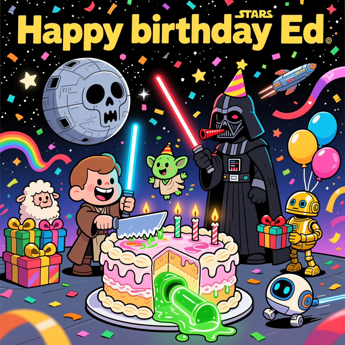 At the top of the Cartoon Style image, Happy birthday Ed

A bold, funny Star Wars–inspired cartoon scene with exaggerated, chibi proportions, thick black outlines, and bright saturated colors: In a glittering starfield sprinkled with rainbow confetti, a gigantic Death Star–shaped birthday cake sits center stage, its frosting “trench” and green jelly “superlaser” glowing. A robed space hero with a huge grin slices the cake using a bright blue sugar-saber, while a towering masked dark lord in a party hat sheepishly blows a noisemaker and accidentally melts frosting with a red saber-candle. A tiny green, big‑eared sage levitates mini lightsaber candles onto the cake, cheeks puffed with delight. A tall fuzzy co-pilot clutches a pile of wrapped presents with oversized bows; a shiny gold protocol droid juggles helium balloons; a round beeping droid zooms in delivering a gift. Streamers arc like starships across the background, and star-shaped confetti swirls through the air. Lighting gleams from the sabers and candles, with playful highlights on glossy frosting and balloons. Composition is dynamic and celebratory, with motion lines, energetic poses, and comedy beats (drips of melted icing, teetering candles), all in a vibrant, cel-shaded Cartoon Style. Place the title text at the top in chunky, hyperspace-yellow letters with a thick black outline and a soft star-glow. No other text.
Generated with these themes: Star wars, and .
Made with ❤️ by AI.