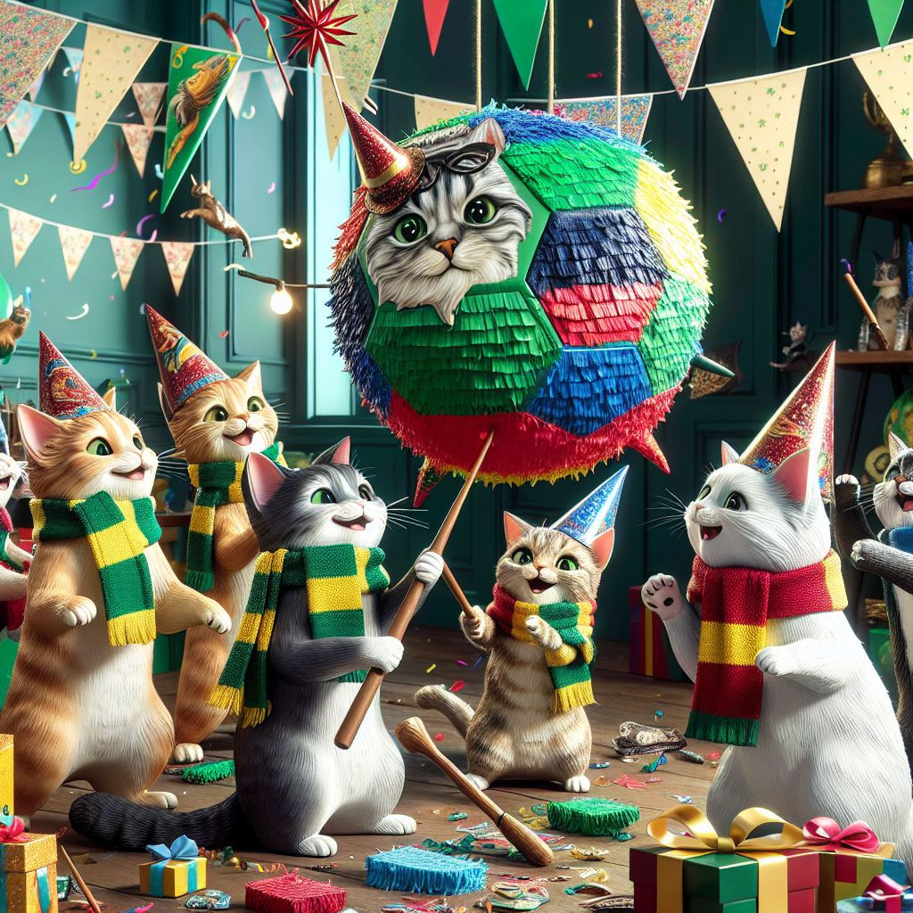 A charming birthday party scene, adorned with decorations reminiscent of a popular magic fantasy book series. Whimsical cats, sporting scarves in the green and red colors of a certain British football team, are gathered in one corner. They are amusingly trying to hit a piñata designed like a ball used in a fictional broomstick-based sport. The atmosphere is filled with laughter, especially when a playful cat clad in a wizard’s hat appears to be attempting a 'spell' to gush the festive goodies out of the piñata.
Generated with these themes: Harry potter, Nottingham Forest , and Cats.
Made with ❤️ by AI.