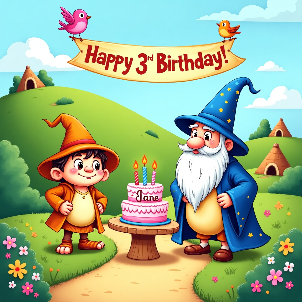 The front cover of the greeting card features a vibrant and whimsical cartoon-style illustration. Picture a lush green Shire landscape with a rolling hill that rises gently in the background, adorned with vibrant, oversized flowers and fluffy, playful clouds in a blue sky. The hill is dotted with tiny, cheerful hobbit holes with brightly painted round doors—one of which is slightly open, revealing a peek of the cozy interior.

In the foreground, the adorable, child-friendly figures of Bilbo Baggins and Gandalf are delightfully exaggerated. Bilbo, short and with a round, cherubic face, stands proudly on a small wooden stool. He wears a brightly colored patchwork waistcoat and oversized, floppy feet with curly toes. His eyes are wide and sparkling, his nose and ears slightly enlarged for a touch of playful humor.

Next to him, Gandalf stands, tall and grandfatherly, yet with an exaggeratedly pointy hat that seems almost comically too large for him, extending high into the air like a wizard's pinnacle. His beard cascades down in a series of fluffy, cloud-like curls, and his robe is a riot of blues and purples, twinkling with tiny stars and moons.

Between them, a table is set with a grand birthday cake. The cake is a multi-tiered wonder of bright pastel colors, with oversized, dripping icing and comically large candles. On top of the cake, crafted in icing, the name "Jane" is spelled out in a loopy, playful script.

Above the scene, in the sky, a playful banner flutters, held aloft by cartoon birds with slightly oversized beaks. The banner is emblazoned with "Happy 3rd Birthday!" in large, bold letters that match the fun and colorful style of the illustration. The entire scene is bordered by a thick, playful line that makes it pop off the card, reminiscent of the classic comic book frames from the artists you love.
Generated with these themes: A cute hobbit birthday card featuring Bilbo and Gandolf, this is for a 3 year old so I would like it cute. .
Made with ❤️ by AI.