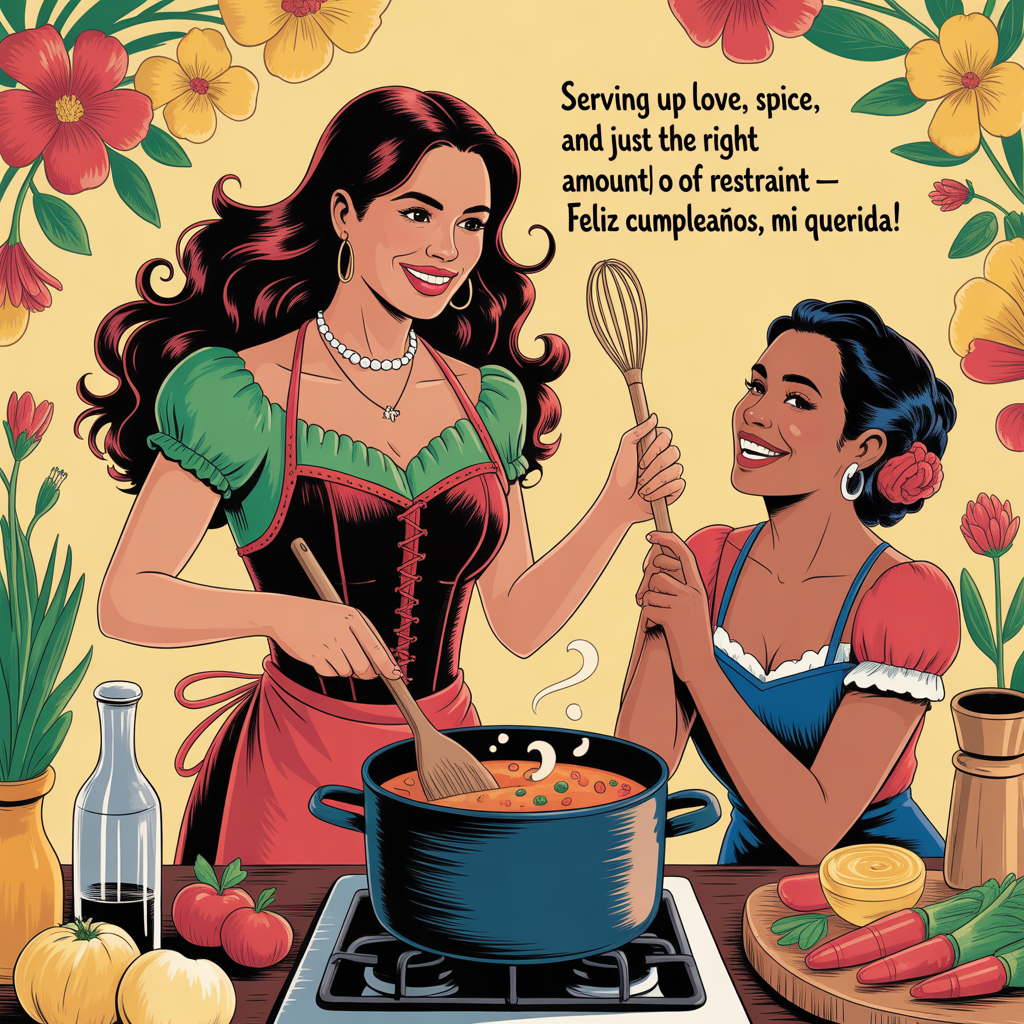 At the top of the image, "Mistress"  

At the bottom of the image, "Serving up love, spice, and just the right amount of restraint – feliz cumpleaños, mi querida!"  

— In the center, illustrate a warm, hand-drawn Colombian kitchen scene bathed in golden light. A confident woman with flowing dark hair, wearing a colorful apron over a sleek, subtly suggestive leather corset, stirs a fragrant pot of sancocho on the stove. Her friend sits nearby, laughing warmly, holding a wooden spoon like a scepter. Around them, tropical flowers, fresh vegetables, and little playful nods to BDSM (a silk rope draped over a chair, a whisk shaped like a riding crop) blend seamlessly into the homely, friendly setting, symbolizing trust, affection, and shared joy.
Generated with these themes: Femdom, Colombia , Cooking , Friendship , Bdsm, and .
Made with ❤️ by AI.