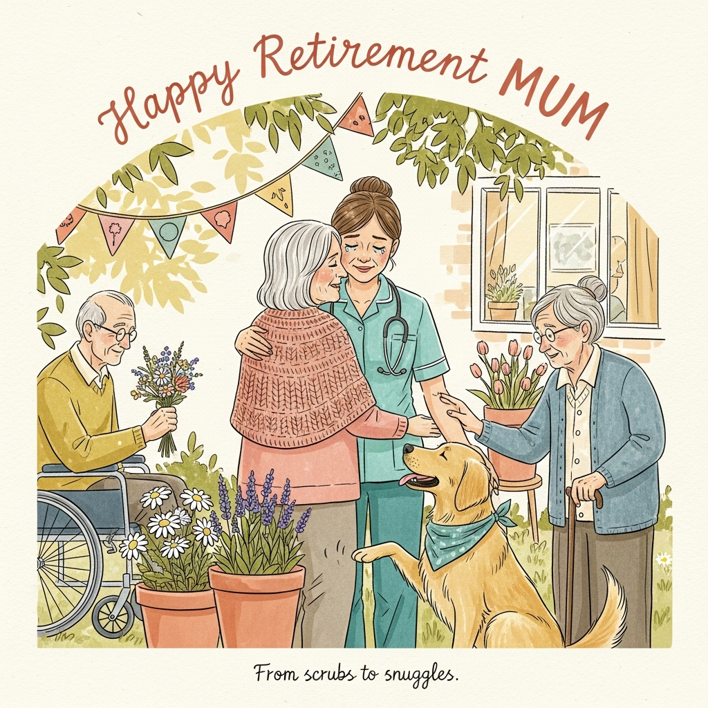At the top of the Illustration Style image, “Happy Retirement MUM” hand-lettered in warm terracotta ink, gently arched and centered.

- Hand-drawn illustration with fine linework, textured brush strokes, balanced composition, and a warm, expressive color palette.
- Scene: A sunlit care home garden in late afternoon. Center foreground: a kind, middle‑aged care worker in a teal nurse uniform (scrubs), soft smile and misty eyes, stethoscope loosely around her neck, gently hugging a silver‑haired resident in a knitted shawl.
- To one side, an elderly gentleman in a wheelchair offers a small wildflower bouquet; on the other, another older resident with a cane touches the care worker’s arm in thanks.
- A friendly golden retriever therapy dog in a muted teal bandana sits at the care worker’s knee, one paw lifted for a shake, tail softly wagging.
- Background details: terracotta plant pots with daisies and lavender, soft bunting with simple shapes (no words), dappled light through leaves, and a window hinting at the care home interior. Keep expressions tender and genuine; body language warm and affectionate.
- Color palette: honeyed golds, dusty rose, muted coral, olive greens, and teal accents; creamy paper tone. Watercolor-and-gouache feel with visible paper grain; delicate pencil/ink linework and soft, textured shading.
- Composition: gentle triangular arrangement around the care worker; generous negative space at the top for the headline and breathing room around figures; portrait orientation.
- At the bottom, add a small, handwritten caption: “From scrubs to snuggles.”
- Only the two text elements above; no additional lettering.
Generated with these themes: Care worker, Retiring, Old people, Dog, Nurse uniform, and .
Made with ❤️ by AI.
