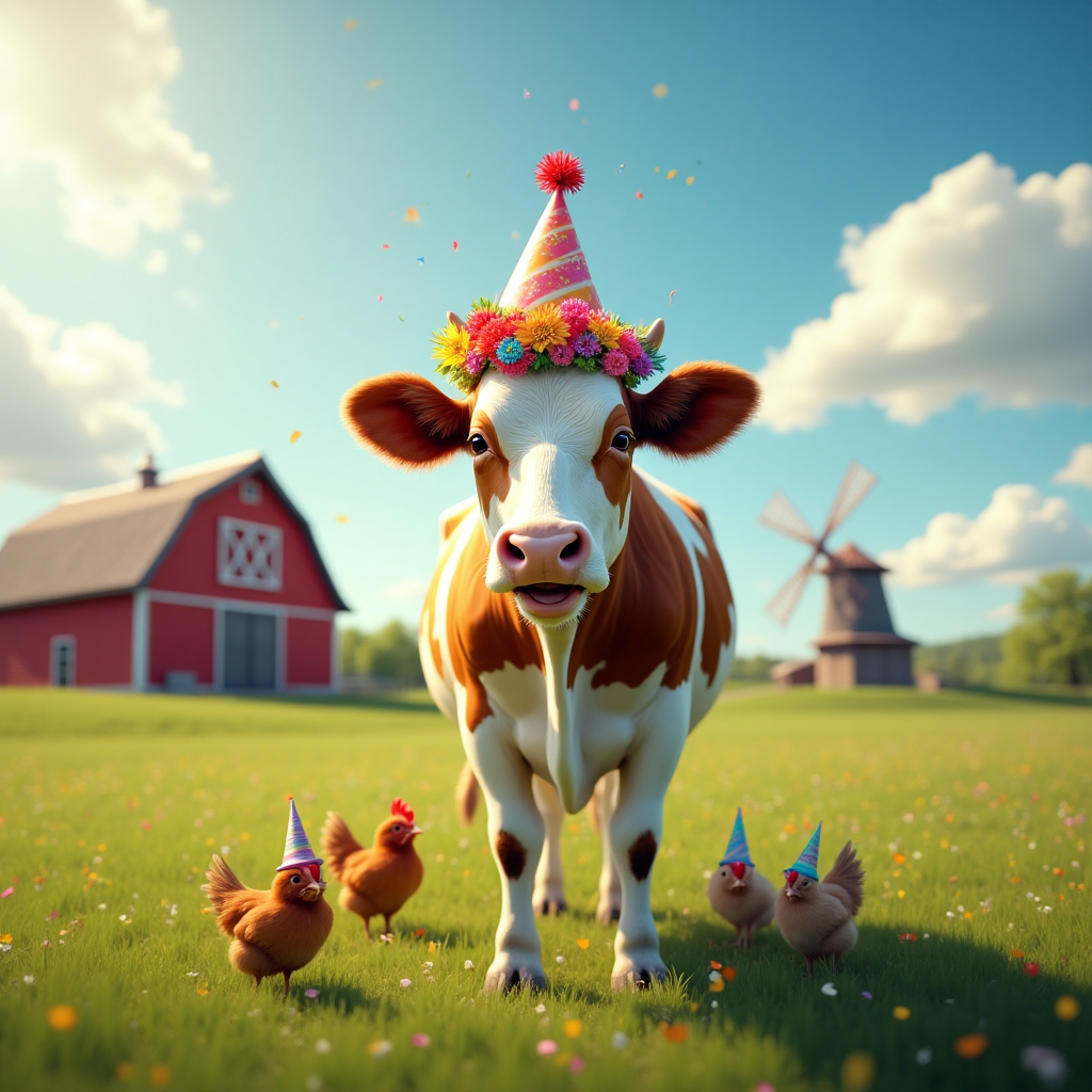 At the top of the photorealistic picture taken from a camera image, include the text: **Happy Birthday Dan**.

**Image Prompt:**

Imagine a picturesque, ultra-high-definition 4K UHD farm scene bathed in golden sunlight. At the center of the frame, a cheeky, grinning cow stands front and center in the middle of a lush green pasture. The cow is adorned with a comically oversized party hat, and it’s playfully munching on a balloon-shaped cluster of colorful wildflowers. In the background, a picturesque red barn and a classic wooden windmill create a serene backdrop. A few chickens, wearing miniature party hats, cluck around the cow's hooves, pecking curiously at confetti scattered across the grass. A bright blue sky stretches above, dotted with fluffy white clouds, making for a perfect, jovial farm birthday celebration scene. At the bottom of the image, add the cheeky caption: "Another year older? No udder way to celebrate!"
Generated with these themes: Farming, and .
Made with ❤️ by AI.
