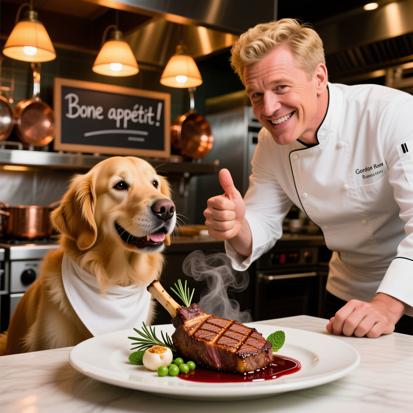 At the bottom of the Photorealistic picture taken from a camera image, thank you friend

Ultra-high-definition 4K UHD, true-to-life photograph of a professional restaurant kitchen pass glowing under warm amber heat lamps. Foreground: a cheerful golden retriever with expressive eyes and a neatly folded white napkin bib, leaning toward a beautifully plated lamb steak—perfect crosshatch sear, rosemary sprig, garlic confit, minted peas, glossy red-wine jus, gentle steam curling upward. To the right, Gordon Ramsay in a pristine white double-breasted chef’s jacket, natural skin texture and blond hair detail, leaning in with a playful approving smirk and a thumbs-up as the dog takes a polite bite. Hyper-real textures: silky jus, crisp sear, moist lamb fibers, soft fur, realistic whiskers, and subtle drool glint.

Add a small chalkboard in the background that reads in one short line: Bone appétit!

Camera feel: full-frame DSLR look, 50mm prime at f/2.8, ISO 200, 1/250s; eye-level angle; tack-sharp focus on the dog, steak, and Ramsay with creamy bokeh of stainless steel and copper pans behind. Accurate lighting with warm key from heat lamps and soft fill, rich depth of field, gentle vignette. Warm, appetizing color grading. Leave clean negative space along the lower edge for the caption; no other text or logos beyond the specified lines.
Generated with these themes: A dog eating lamb steak with gordon ramsey, and .
Made with ❤️ by AI.