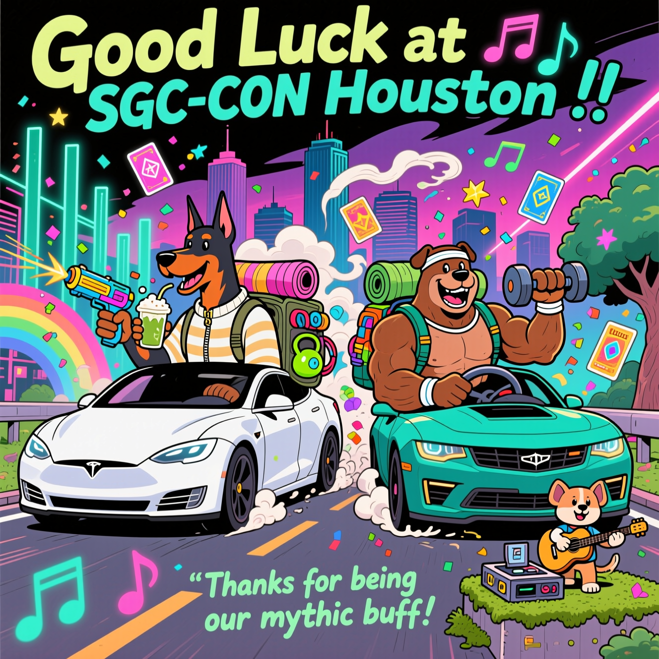 At the top of the Cartoon Style image, add the exact text: "Good Luck at SGC-CON Houston !!"

Playful, ultra-saturated cartoon scene with thick black outlines and exaggerated proportions. A dynamic, full-bleed road-trip spectacle: a sleek, grinning Tesla and a burly, muscle-y Camaro z1 zoom side-by-side toward a stylized Houston skyline, tires kicking up neon musical notes. At the wheels, two larger-than-life dogs—an athletic Doberman in off-white inspired streetwear (cream harness with diagonal stripes and a cheeky zip-tie detail, no logos) sipping a foamy matcha, and a brawny, smiling Rottweiler wearing a gym sweatband, curling a dumbbell with one paw while steering with the other. Hiking packs and rolled sleeping mats bounce from the roof racks; kettlebells and resistance bands peek from trunks. Cartoonish, friendly “guns” appear only as colorful confetti/bubble blasters strapped to their packs, firing star-shaped confetti into the air.

Magic: The Gathering energy swirls around them: glowing, floating fantasy cards orbit like spell effects, with shimmering mana symbols woven into the smoke trails. EDM vibes pulse everywhere—giant neon equalizer bars rise behind the cars, laser beams zigzag, and a tiny rooftop DJ rig on the Tesla blasts rainbow waveforms. On a mini mossy side-stage, a whimsical cartoon cameo of Hozier strums an acoustic guitar under a leafy arch, serenely nodding as they cruise by. A sleek black-suited figure with flowing hair (a playful nod to John Wick) strolls a tiny puppy at a crosswalk, giving a thumbs-up—no violence, just cool. Big live oaks frame the road; candy clouds in magenta and teal dot the sky.

Color palette: bold primaries with electric neons—teal, magenta, lemon-lime, and inky outlines. Lively, bouncy poses, comedic expressions, and motion lines for extra energy. Minimal text, image-first.

Add one small, cheeky caption near the bottom in a playful hand-lettered style: “Thanks for being our mythic buff!”
Generated with these themes: Tesla, Camaro z1, dobermans, Rottweilers, magic the gathering, Hozier, edm music, matcha, working out, off white, guns, hiking, John wick , and .
Made with ❤️ by AI.