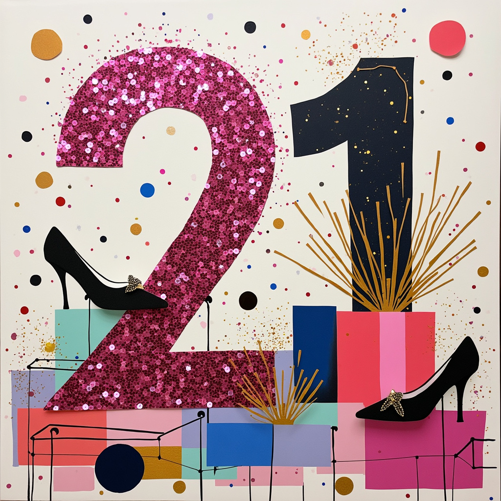 In the center of the birthday greetings card, a large abstract "21" in glittery pink diamontie takes the spotlight, reflecting light in a myriad of directions like a faceted gem. The numeral "2" is shaped like an elegant stiletto shoe with a sleek, black heel, while the "1" transforms into a tall, stylish handbag, complete with a golden clasp and intricate patterns reminiscent of Joan Miró's playful shapes and lines. Surrounding the "21," a burst of vibrant colors splashes across the background, channeling the energetic chaos of Jackson Pollock's drip paintings. 

Scattered around this central figure, tiny Mondrian-inspired squares and rectangles in pastel shades of pink, lavender, and baby blue float like confetti, each one outlined with thin black lines. To the left, a series of minimalist, overlapping shoes and handbags create a rhythmic, almost musical, repetition, echoing the geometric harmony of Kazimir Malevich's compositions. Each item is stylized, with bold, clean lines, and simple shapes, yet adorned with whimsical patterns—a nod to Cy Twombly’s scribbled elegance.

In the lower right corner, a semi-transparent, soft-focus figure of a daughter, rendered with delicate, ghostly brushstrokes, opens a gift-wrapped box. The box itself is a riot of bright, Kandinsky-esque circles and triangles. Emerging from the box are swirls of golden streamers and tiny, star-like bursts, hinting at the joy and surprise of turning 21. 

Framing the entire scene, a border of deep, saturated hues, inspired by Mark Rothko’s color fields, gradually fades into the center, grounding the otherwise dynamic and playful elements. This card is a visual celebration—a harmonious blend of abstract chaos and meaningful symbols, all converging to tell the vibrant story of a daughter's 21st birthday.
Generated with these themes: Pink diamontie,bags shoes, Daughter , and 21st birthday.
Made with ❤️ by AI.