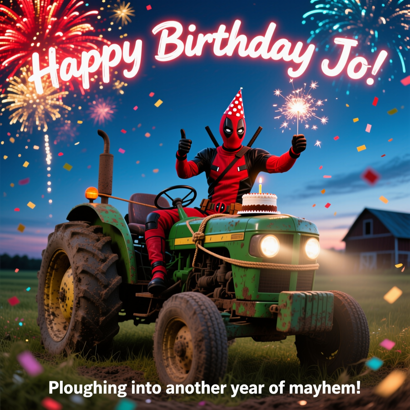 At the top of the Photorealistic picture taken from a camera image, text reads “Happy Birthday Jo” in bold white brush lettering with a soft red glow, slightly arched across the sky.

Ultra-high-definition 4K UHD, realistic, funny mood. Twilight farm field under a deep blue dusk sky. Low-angle, three-quarter view of a big, slightly muddy green tractor with headlights beaming through a light haze. Deadpool, in a lifelike red-and-black suit, sits confidently on the tractor seat, a playful polka-dot party hat tilted on his mask, giving a thumbs-up with one hand while waving a sparkling sparkler with the other. A small birthday cake with a single candle is cheekily bungee-corded to the tractor’s hood. Colorful fireworks explode overhead—vivid reds, golds, and blues—reflections shimmering across the tractor’s metal and Deadpool’s glossy mask. Confetti flutters through the air. Real textures: fabric weave of the suit, rubber tire tread, dirt on the chassis, dewy grass. Natural HDR lighting, rich depth of field: sharp subject, softly blurred horizon and barn silhouette. Shot on a 35mm lens, f/2.8, fast shutter to freeze confetti and sparkler trails; crisp, lively colors; playful, laugh-out-loud energy.

At the bottom in small, clean white sans-serif text with a subtle drop shadow: “Ploughing into another year of mayhem!”
Generated with these themes: Deadpool , Tractor , Fireworks , and .
Made with ❤️ by AI.
