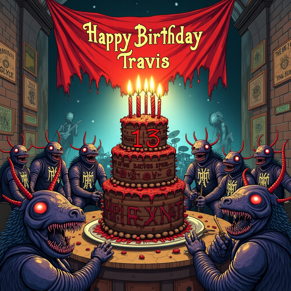 **Front Cover Design: "Travis' Intergalactic Birthday Bash"**

**Illustration Style**: A hand-drawn, detailed, and expressive composition mixing the intricate style of Gustave Doré with the whimsical intricacy of Arthur Rackham, infused with a hint of Quentin Blake’s lively linework.

**Foreground Elements**:
1. **Tyranids at a Concert**: In the foreground, a group of Warhammer Tyranids are depicted in animated poses, reminiscent of a mosh pit, with exaggerated features to emphasize their monstrous yet enthusiastic presence. They're adorned with band T-shirts, featuring logos like Slipknot in bold, chaotic designs. The Tyranids have vibrant, intricate textures and scales, blending purples, blues, and blacks, highlighted with metallic accents to reflect stage lights.

2. **Birthday Cake**: Center stage, a towering cake dominates the scene. It’s whimsically gothic, with a dark, rich chocolate base layered with deep red velvet icing. The number "13" is emblazoned atop in flaming candles that emit a soft, warm glow. The sides of the cake are decorated with tiny figurines of Tyranids and musical notes, all carefully detailed.

3. **Banner**: Above the scene, a tattered, medieval-style banner unfurls with "Happy Birthday Travis" scrawled in ornate, Beardsley-esque script. The banner is deep crimson with frayed edges, billowing as if caught in an invisible breeze.

**Background Elements**:
1. **Concert Stage**: Behind the Tyranids, a large stage is set up with the Slipknot band members performing. Their distinctive masks and dynamic movements are captured in mid-performance, with exaggerated theatrical lighting casting shadows and highlights in a rich array of reds, blacks, and electric blues. Instruments like guitars and drums are stylized with intricate Gothic motifs.

2. **Posters**: Alongside the stage, several tattered, vintage-style posters are plastered on a crumbling brick wall. Each poster, though slightly worn, vividly advertises:
   - Lorna Shore, with a shadowy forest motif.
   - Machine Head, featuring heavy metallic and industrial designs.
   - Amon Amarth, with Viking longships and Nordic runes.
   - Killswitch Engage, showcasing fierce, flame-laden imagery.

3. **Sky & Setting**: The sky is an otherworldly mix of swirling nebula-like colors—violet, indigo, and emerald—reflecting an alien landscape. Stars are scattered like diamonds, adding depth to the scene. 

4. **Subtle Detail**: Somewhere subtly nestled within the cake decorations or the sky itself, the name "Travis" is woven into the design—perhaps in the twinkling arrangement of stars or as part of the cake’s decorative piping—ensuring it feels integrated and not overtly prominent.

This detailed yet playful birthday scene brings together the fantastical and musical worlds, creating an unforgettable card for Travis's milestone celebration.
Generated with these themes: Warhammer Tyranids at a concert, watching the band Slipknot. There is a big cake with the number 13 on top, There is a banner that says Happy Birthday Travis, There is a poster for the band Lorna Shore, There is a poster for the band Machine Head, There is a poster for the band Amon Amarth, and There is a poster for the band Killswitch Engage.
Made with ❤️ by AI.