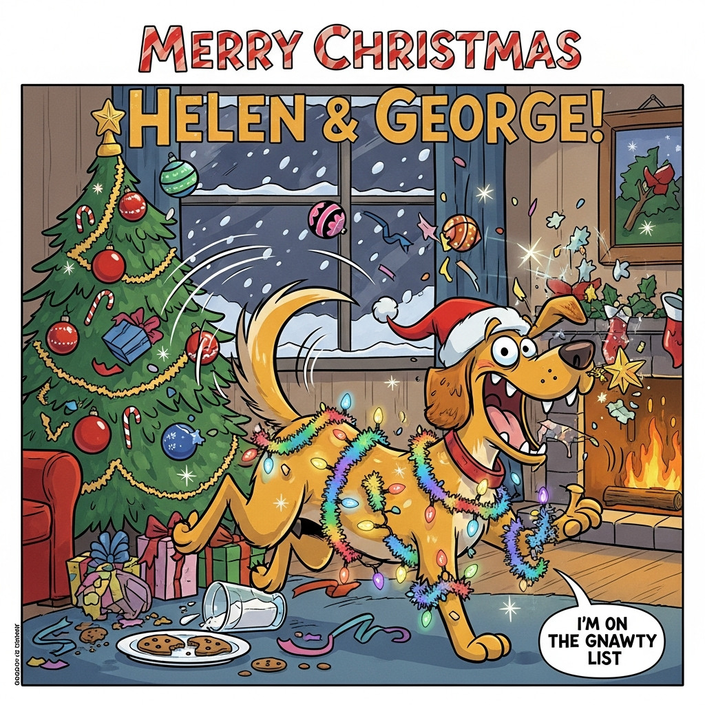 Golden retriever called George , and Christmas Card