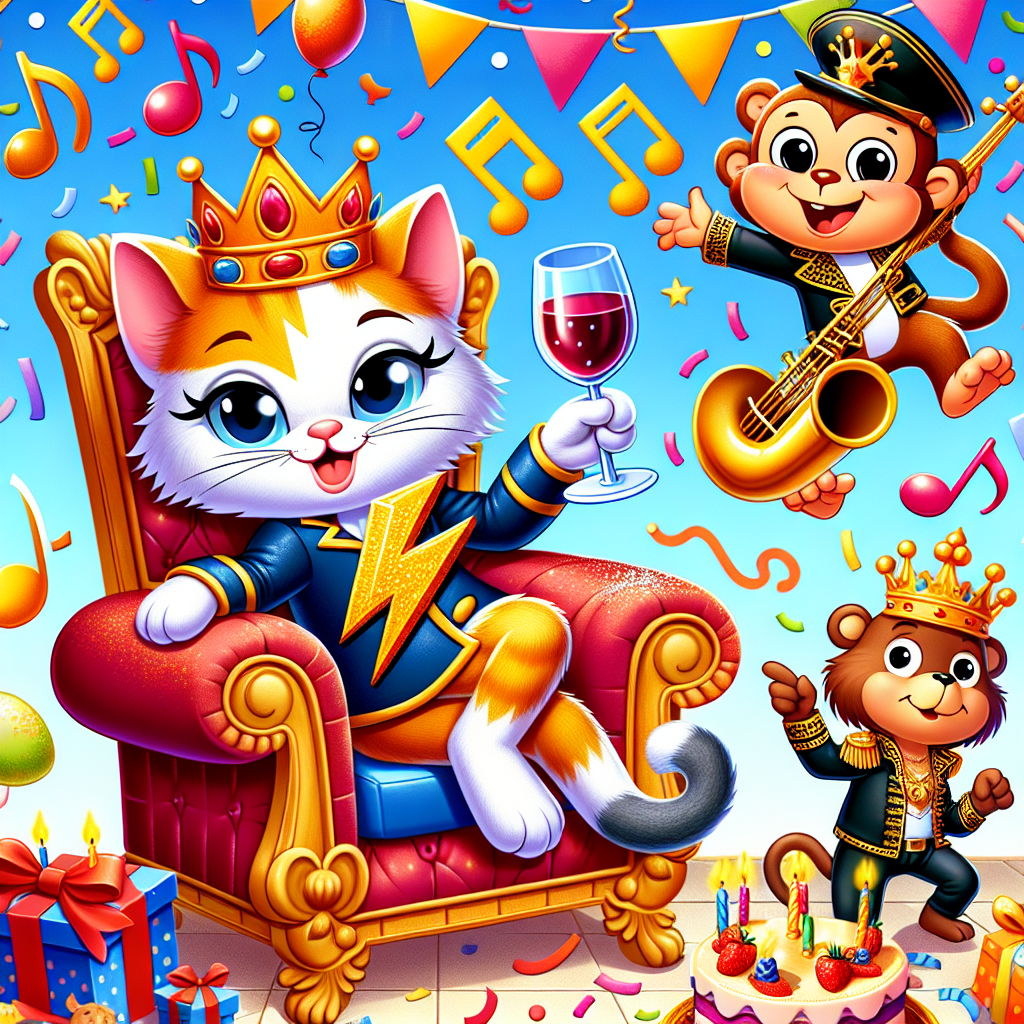 In a delightful cartoon birthday setting, an enchanting cat bearing a unique lightning bolt symbol is sipping wine while lounging on a plush birthday throne. A lively monkey is shown wearing a distinct military-style jacket and is seen dancing to the rhythm. Additionally, a charming bear is grooving to the rhythm, encapsulated by musical notes that symbolize the constant melody. The scene oozes happiness with vibrant birthday decorations, balloons, and a dusting of confetti, accentuating the music-themed celebration.
Generated with these themes: Bowie, Wine, Adam ant, Temu, and Music.
Made with ❤️ by AI.