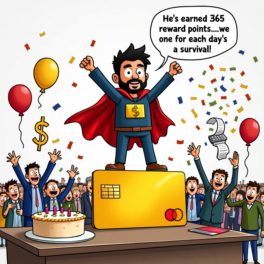 **Prompt:**

At the top of the cartoon image, **"Happy Swipe-iversary, Deepak!"**

Cartoon-style image in a funny, playful tone. Deepak is drawn wearing a superhero cape made of Mastercard logos, striking a triumphant pose atop a giant golden credit card. Behind him, a cheering crowd of anthropomorphic receipts, payment terminals, and credit cards throw confetti. A speech bubble from a dancing dollar sign says, "He’s earned 365 reward points... one for each day of survival!" The office desk nearby has a cake shaped like a point-of-sale machine, with candles reading "1." The Mastercard logo is subtly integrated as party balloons floating in the background. Bright, vibrant colors, silly faces, and exaggerated expressions enhance the light-hearted celebratory feel.
Generated with these themes: Happy Anniversary! Congratulation on completing 1 year at Mastercard.
Made with ❤️ by AI.