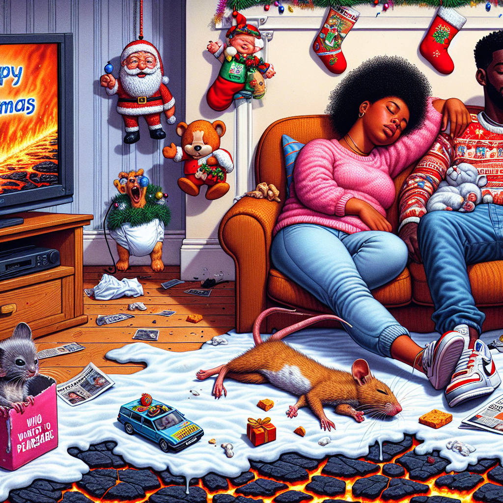 A delightful scene unfolds where a 'Baby's first Christmas' ornament dangles beside a tired couple, dozing off on the couch in their East London home. Their contented tranquility is humorously contrasted by a present of a poopy nappy lying nearby. A small cat, part of the domestic warmth, unwittingly parades around with tinsel clinging to its tail, while in the foreground, a big mouse makes a cheeky getaway in a toy car, clutching a piece of stolen cheese. On the TV, an animated Santa humorously competes on 'Who Wants to Be a Millionaire,' tastefully pixelated for modesty, heightening the surreal holiday atmosphere. The floor, imagined as a molten lava field, adds a playful touch of adventure, while a nearby bird, perched atop the mantelpiece, appears queasy. Amidst all this charming chaos, the 'Happy Christmas from the Pearson states' message adds a personal touch to the scene.
Generated with these themes: Baby’s first Christmas , East London , Present for parents is poopy nappy, Tired mum and dad watching tv, Small cat with tinsel stuck on tail, Big mouse stealing cheese in a car, Santa is on who wants to be a millionaire on the tv in the background, naked, The floor is lava, and A bird being sick.
Made with ❤️ by AI.