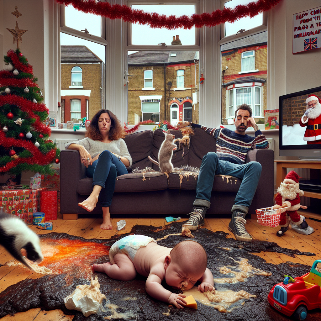 Baby’s first Christmas , East London , Present for parents is poopy nappy, Tired mum and dad watching tv, Small cat with tinsel stuck on tail, Big mouse stealing cheese in a car, Santa is on who wants to be a millionaire on the tv in the background, naked, The floor is lava, and A bird being sick Christmas Card