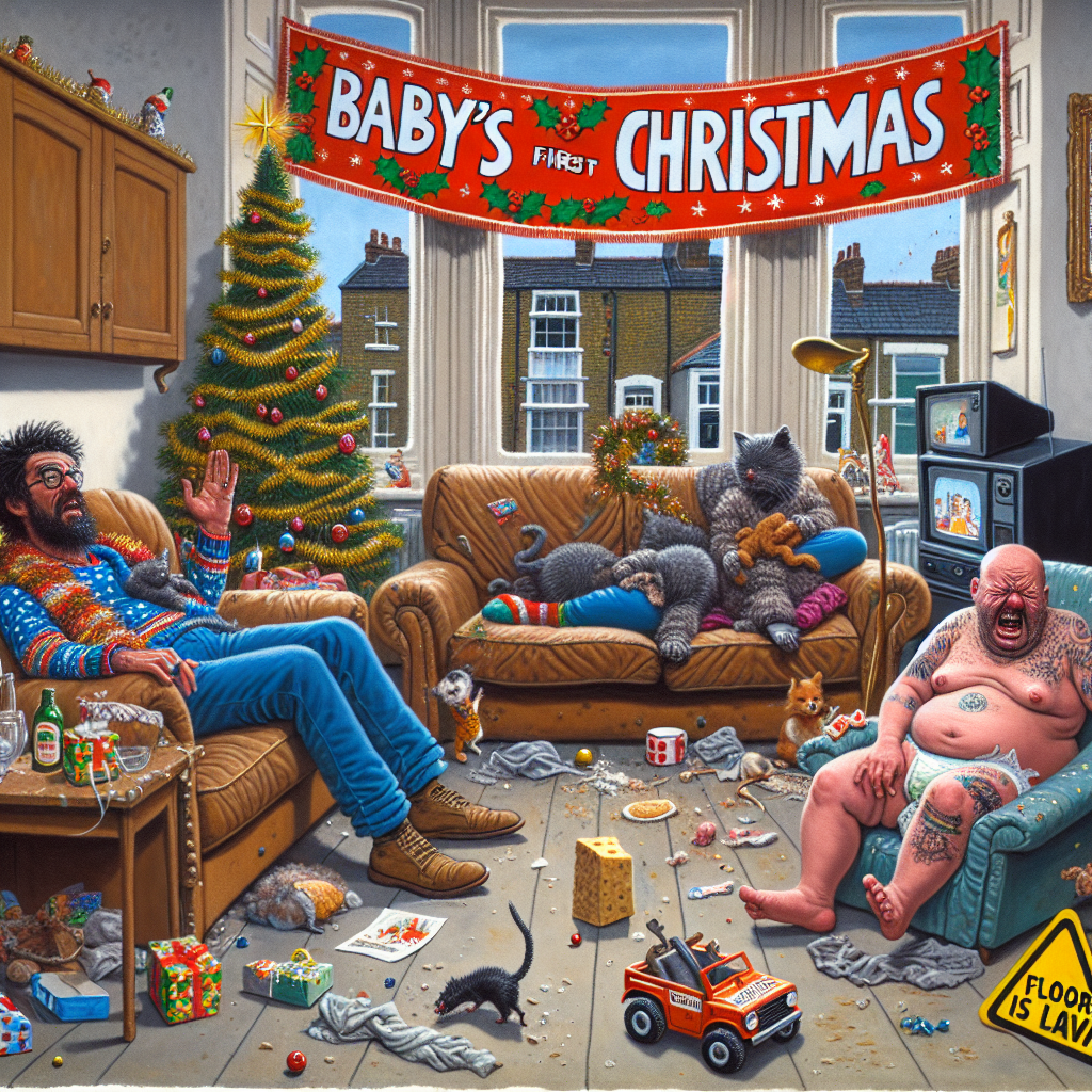 In this quaint East London living room, a unique Christmas tableau comes to life. The scene is anchored by a proud banner proclaiming 'Baby's first Christmas,' while weary parents lie slumped on the sofa, unintentionally ignoring a gift of a poopy nappy. A tiny cat scurries by, tinsel trailing from its tail like a festive comet, providing stark contrast to the sneaky big mouse on an escapade in a tiny car, a slice of cheese his prize. In a whimsical twist, Santa Claus — sans costume — grapples with a quiz on the television show 'Who Wants to Be a Millionaire,' the silliness of the situation underscored by the 'floor is lava' game clearly in play. Meanwhile, a queasy bird looks on, no doubt overwhelmed by the holiday spirit. This all frames the greeting, 'Happy Christmas from the Pearson states,' humorously capturing the essence of a festive, if slightly chaotic, family holiday.
Generated with these themes: Baby’s first Christmas , East London , Present for parents is poopy nappy, Tired mum and dad watching tv, Small cat with tinsel stuck on tail, Big mouse stealing cheese in a car, Santa is on who wants to be a millionaire on the tv in the background, naked, The floor is lava, and A bird being sick.
Made with ❤️ by AI.
