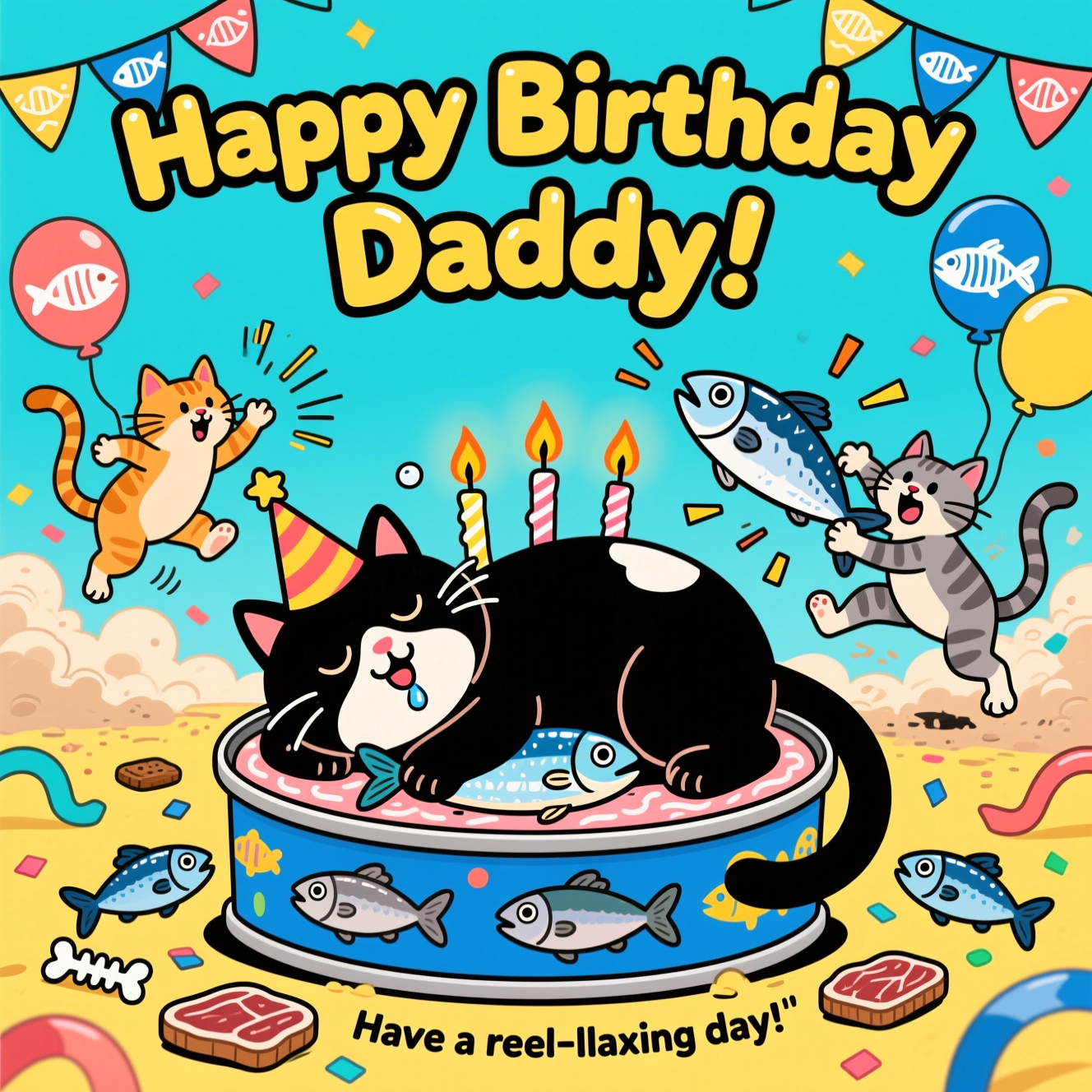 At the top of the Cartoon Style image, place the text "Happy Birthday Daddy!" in big bouncy bubble letters with thick outlines and high contrast, centered.

Playful, bright, funny cartoon scene with exaggerated proportions and thick black outlines. Center stage: a chubby black cat with a small white patch on its chest fast asleep, blissful grin, tiny drool bubble, wearing a tilted party hat. The cat is sprawled atop an oversized tuna can decorated like a birthday cake (no text on the can), fish-shaped candles flickering. The cat cuddles a shiny mackerel-shaped plush like a teddy. Around the base: scattered cartoon mackerels and tuna-steak treats, fish-confetti and streamers.

In the background, a silly, energetic dust-cloud scuffle: two other cats (a ginger and a grey tabby) wildly but playfully fighting over a gigantic mackerel, paws and tails poking out, motion lines and stars flying, one cat mid-leap, the other sliding, both with over-the-top expressions. Add mackerel-pattern bunting, tuna-shaped balloons, and fish-bone confetti for extra whimsy.

Color palette: saturated turquoise, sunshine yellow, coral, and royal blue; crisp cel shading; glossy highlights on fish; soft vignette. Composition: portrait, large central subject, minimal clutter near text areas, clean sky-blue backdrop for readability, dynamic poses, whimsical energy.

At the bottom of the Cartoon Style image, add a small cheeky caption on a curved ribbon: "Have a reel‑laxing day!"
Generated with these themes: Mackerel, Sleeping, Black cat with small white patch on chest, Fighting other cats, Tuna, and .
Made with ❤️ by AI.