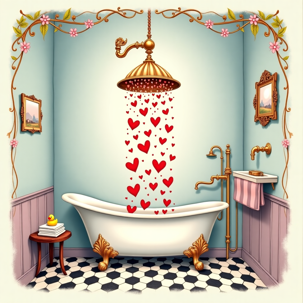 **Front Cover Illustration Description:**

In the center of the card, a whimsically detailed and expressive showerhead, reminiscent of the kind seen in Beatrix Potter’s cozy illustrations, hangs suspended in mid-air. This showerhead, crafted in an intricate Rococo style with delicate filigree, glimmers in a soft gold hue. Each curving vine-like pattern on its surface is carefully etched, creating a sense of vintage elegance.

From this ornate showerhead, a cascade of tiny, crimson hearts tumbles downward. These hearts, each uniquely shaped and varying slightly in size, shimmer with a glossy finish, as if caught in a playful dance of light. They twinkle with delicate highlights and rich shadows, giving them a three-dimensional quality that seems almost tangible.

The backdrop of this enchanting scene is a whimsical bathroom, inspired by the intricate line work of Aubrey Beardsley, yet softened for a more charming and approachable feel. The walls are a soft pastel blue, adorned with faint, stylized floral patterns in white that evoke the detail and finesse of Arthur Rackham’s work. A vintage clawfoot bathtub, painted in a muted lavender, sits off to the side, its white porcelain gleaming softly under the heart shower.

A floor tiled with alternating black and white hexagons provides a grounding element, offering a touch of Maxfield Parrish’s art-deco style with a nod to the crispness of Quentin Blake’s line work. In the corner, a small wooden stool, its surface lovingly worn, holds an assortment of fluffy pastel towels stacked with care.

The foreground is sprinkled with charming details reminiscent of a Norman Rockwell scene, such as a rubber duck perched cheekily on the bathtub’s edge and a small, framed painting of a serene countryside, echoing Maurice Sendak’s storytelling landscapes, hanging on the wall. 

The entire composition is surrounded by a delicate border of interlacing vines and tiny blooms, in the style of a Gustave Doré engraving, but executed with a lightness and whimsy to match the card’s overall theme. The border acts as a gentle frame, drawing the viewer's eye inward to the central image of the shower of hearts.

This delightful mix of detailed line work and warm, inviting colors makes the card a perfect, visually captivating representation of love, brought to life in an engaging and charming scene.
Generated with these themes: A shower that is showering hearts instead of water.
Made with ❤️ by AI.