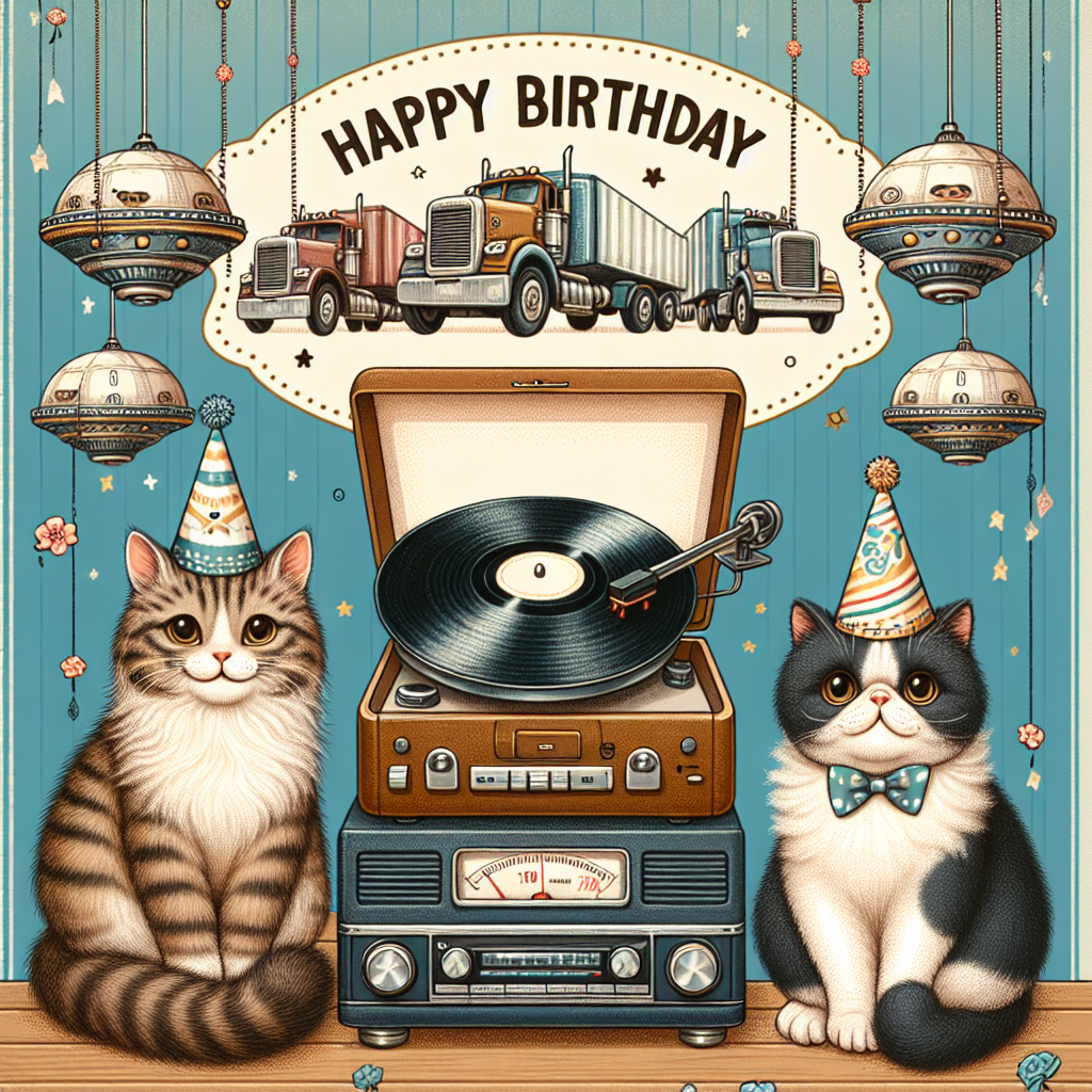 Brown tabby cat, Black and white cat , Hi-fi , Records , Freight trucks , 70th birthday, and UFOs Birthday Card