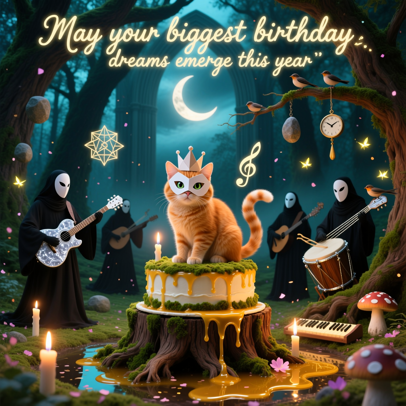 At the top of the Surreal Style image, May your biggest birthday dreams emerge this year

Tall portrait, dreamlike surrealism, Dali-inspired. In a twilight forest clearing that feels like a cathedral, giant trees arc overhead and gently melt into velvet skies. Center stage: an adorable ginger cat with luminous, curious eyes sits upon a tree-stump cake iced with mossy frosting and dripping honeyed sap; a tiny paper crown and a simple, minimalist geometric mask rest askew on its head, tail curling like a treble clef. Around the cat, a gentle, ritual-like forest band reminiscent of Sleep Token: robed silhouettes whose hems dissolve into roots, wearing plain, serene masks (no logos), playing instruments grown from living wood—vine-strung guitar shimmering with silver threads, mushroom-cap drums softly pulsing, lichen keys glowing. Fireflies trace floating runes and delicate geometric sigils in the air, while a crescent moon melts like candlewax into golden streams that pool into bioluminescent puddles. Melting plectrums dangle from branches like clocks, stones hover as hush-quiet metronomes, and soft shadows cradle tiny masked songbirds perched on the strings. Ethereal god rays, pearly mist, and confetti-like spores drift through the scene; birthday candles hover with teardrop flames that blossom into petals. Color palette of deep forest teals and moss greens, warm ginger and amber highlights, with rose-gold and lavender glows; high detail on the cat’s whiskers and fur, soft bokeh in the background, gentle film grain. Typography: the top line in creamy, hand-lettered luminous script that subtly glows among the branches. Additional tiny text, softly carved and glowing on the stump-cake at the bottom: “Worship the purrthday.” No brand logos or real-world band insignia; keep the mood cute, whimsical, and otherworldly.
Generated with these themes: Ginger cat, The metal band Sleep Token , Forest settings , and .
Made with ❤️ by AI.