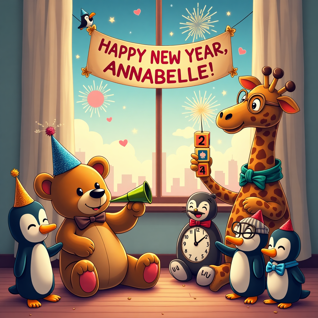The scene unfolds in a whimsical living room, teeming with an array of stuffed animals animated with delight and dressed in playful, festive attire, heralding the arrival of the New Year. At the center, a plush teddy bear dons a sparkling party hat that sits jauntily over one ear, and is enthusiastically blowing a party horn that seems to unfurl with a cartoonish "squawk." To the right, a floppy-eared bunny, wrapped in a sequined scarf, busily stacks blocks spelling out "2024" while balancing a champagne flute brimming with bubbly soda pop.

A charismatic giraffe, bedecked in a bow tie and monocle, towers over the scene, holding a clock with its elongated neck. The clock's hands tick towards midnight, the anticipation palpable. A cluster of cheerful penguins huddle at its feet, brandishing tiny sparklers that fizz and pop.

Overhead, a banner stretches across the top of the card, delicately strung between two balloon clusters shaped like stars, the kind that Walt Disney's flair for whimsy might inspire. The banner boldly proclaims: "HAPPY NEW YEAR, ANNABELLE!" in vibrant colors, the letters dancing as if caught in a gust of joyous laughter.

The background pays homage to Osamu Tezuka's knack for intricate yet bold settings, featuring a cartoonishly exaggerated skyline outside a window, silhouetted by a soft, pink twilight and dotted with cartoon fireworks that explode in the shapes of hearts and smiley faces. A small bird, inspired by Bill Watterson’s mischievous style, is perched jauntily on one end of the banner, clutching the string with its beak.

Each stuffed creature is given a unique personality reminiscent of characters from Charles Schulz's Peanuts, brimming with quirky charm and endearing antics, ensuring Annabelle receives a delightful visual narrative filled with New Year cheer.
Generated with these themes: Stuffed animals .
Made with ❤️ by AI.