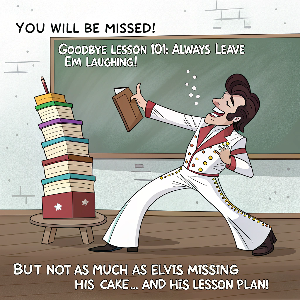 At the top of the image, "You will be missed!":

At the bottom of the image, "But not as much as Elvis missing his cake... and his lesson plan!"

- Illustrate a humorous scene where Elvis Presley, dressed in his iconic white jumpsuit, is hilariously juggling a towering stack of textbooks and a giant, multi-layered cake. 
- Elvis's expression is a mix of surprise and amusement as the cake teeters, and in the background, a chalkboard reads, "Goodbye Lesson 101: Always Leave 'Em Laughing!"
Generated with these themes: Elvis Presley , Cake, Teaching, and .
Made with ❤️ by AI.