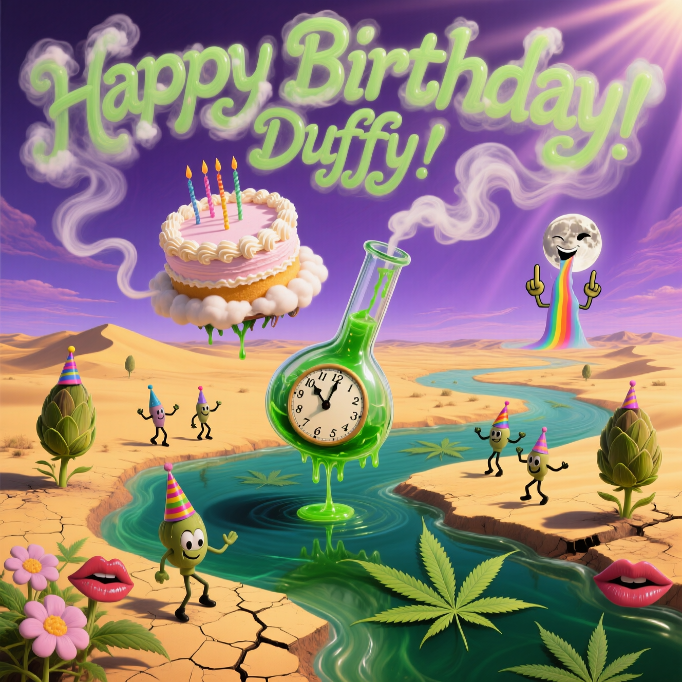At the top of the Surreal Style image, the text reads in bold, swirling smoke-letters: **Happy Birthday Duffy**.  

A dreamlike, Dali-inspired desert stretches endlessly, its golden sands melting into deep emerald rivers of flowing cannabis leaves. In the centre, a massive, clock-faced bong drips green resin instead of time, its glass twisting impossibly toward a warped, purple sky. A giant birthday cake floats mid-air, its frosting made of rolling clouds that puff out lazy trails of sweet-smelling smoke, while tiny human-legged joints dance around it wearing party hats and rude smirks. Oversized buds sprout from the cracked ground like alien flowers, some with lips whispering sarcastic birthday wishes. The lighting is otherworldly—sunbeams fractured through translucent marijuana leaves—casting long, wiggling shadows that seem alive. In the distance, a melting moon winks suggestively, holding up a middle finger made of rainbow vapour.
Generated with these themes: Cannabis , and .
Made with ❤️ by AI.