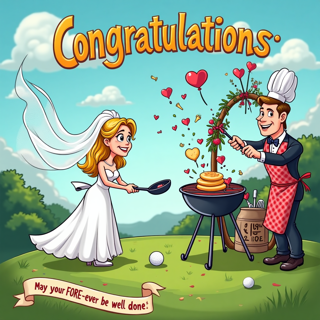 At the top of the Cartoon Style image, include the text "Congratulations Mr & Mrs Pitts 20.09.2025" in big, bubbly gold-and-white letters with a thick black outline, gently arcing across a bright blue sky.

Playful cartoon scene on a sunlit golf course with exaggerated proportions, thick outlines, bright saturated colors, and energetic, whimsical poses. In the center, a beaming blonde bride in a sparkling white gown and flowing veil takes a dynamic tee shot: she swings a shiny driver that cheekily resembles an oversized spatula. A pearly golf ball with faint grill marks rockets off a heart-shaped tee, its dotted-heart motion trail arcing toward her groom. The groom, in a tuxedo with a red-check chef’s apron and a tiny chef hat perched on his head, leans forward grinning, holding a sizzling frying pan to “catch” the incoming ball; inside the pan, little heart-shaped pancake-golf balls flip into the air with cartoon sizzle stars. Nearby, a BBQ grill shaped like a putting green smokes gently, the flag reading “19th Hole,” with steam curls forming little hearts. A golf cart in the background is piled with pots and a golf bag stuffed with kitchen utensils (whisks, ladles, spatulas). The wedding arch behind them is decorated with golf tees, mini spatulas, and rosemary sprigs. Confetti of tiny hearts, pepper flakes, and colorful golf tees dances through the air. Color palette: emerald greens, clear sky blues, cherry reds, sunny yellows, and creamy whites, all with bold black outlines and shiny highlights. Full-bleed composition, big expressive faces and joyful motion, crisp details but playful and comedic.

At the bottom of the image, add a small ribbon banner with the cheeky line: May your FORE-ever be well done!
Generated with these themes: Golf , blonde bride , cooking, and .
Made with ❤️ by AI.