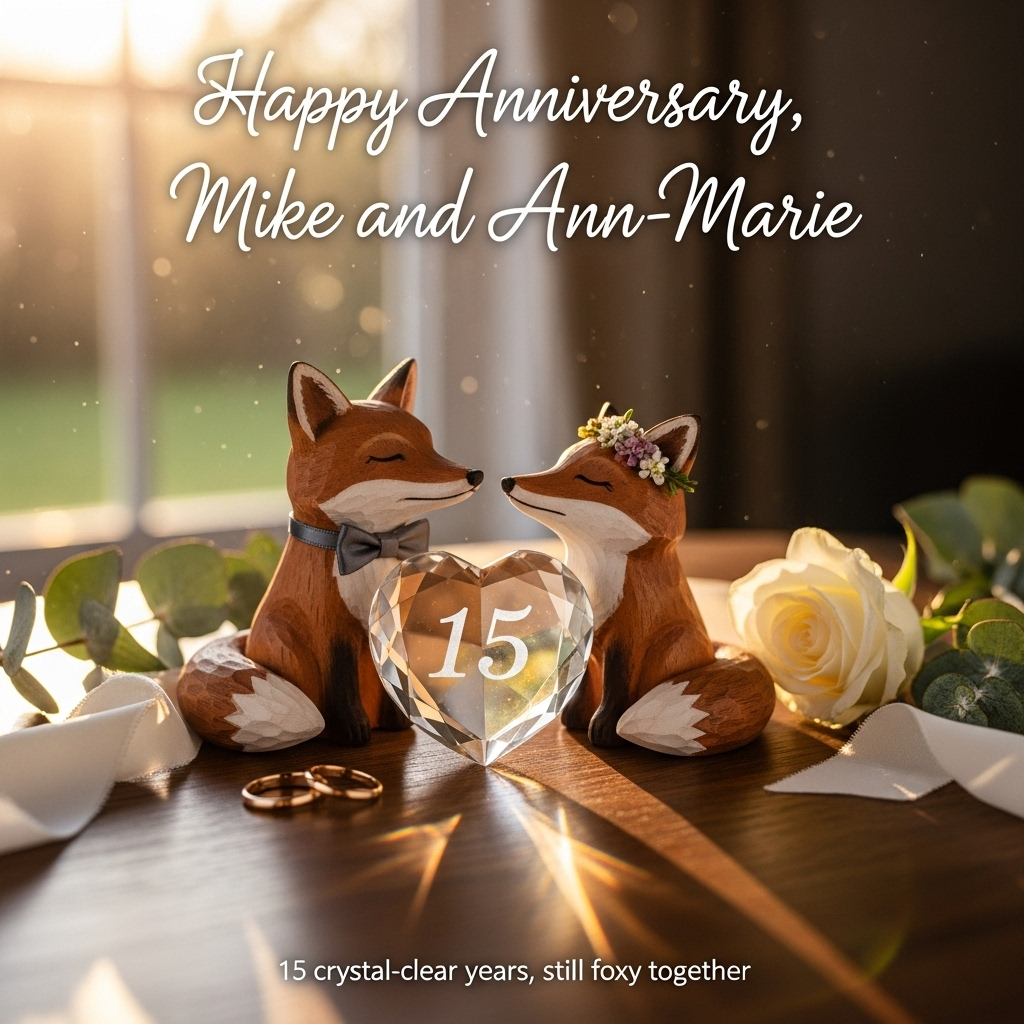 At the top of the Photorealistic picture taken from a camera image, Happy Anniversary, Mike and Ann-Marie

Ultra‑high‑definition 4K UHD photorealistic still-life, sincere and warm. A rustic walnut table by a softly sunlit window at golden hour. Center stage: a clear, faceted crystal heart paperweight with the number 15 laser‑etched inside it—make the “15” crisp, centered, and in sharp focus as the light refracts through the crystal, casting delicate rainbow caustics on the wood. Beside it, “Mr and Mrs Fox” represented by two lifelike hand‑carved red fox figurines posed nose‑to‑nose in a tender nuzzle; Mr Fox wears a slim charcoal bow tie, Mrs Fox has a tiny wildflower crown, finishes matte and natural with subtle wood grain. Around them: two intertwined gold wedding bands, a white silk ribbon, a single white rose and a sprig of eucalyptus for freshness. Background softly blurred with rich depth of field and warm bokeh from the window light; floating dust motes catch the sun for a gentle, heartfelt glow. Color palette: warm amber, ivory, forest green. Shot on a full‑frame camera with a 50mm lens at f/1.8, ISO 200, shallow depth‑of‑field; natural accurate lighting, lifelike textures.

Top text styling: elegant white calligraphy with a soft drop shadow so it’s legible against the softly lit wall/negative space at the top.

Add a small, single‑line caption at the bottom center in a refined serif: 15 crystal-clear years, still foxy together.
Generated with these themes: Crystal with 15 inside , Mr and Mrs Fox, and .
Made with ❤️ by AI.