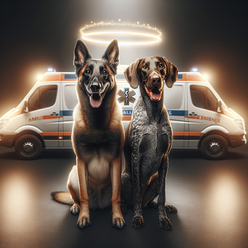 Create a heartwarming image of a Belgian Malinois and a German Shorthaired Pointer sitting amicably side by side. Both dogs showcase warm, friendly expressions enhancing the congeniality of the scene. In the backdrop, subtly integrate a comforting representation of an ambulance, casting a soft halo light glow, subtly projecting symbols of help and assistance. Above the ambulance, create an elegantly curved banner showcasing the phrase 'Thank You', thereby rendering a clear cue of gratitude and appreciation.
Generated with these themes: Belgian malinois, Ambulance, and German shorthaired pointer.
Made with ❤️ by AI.