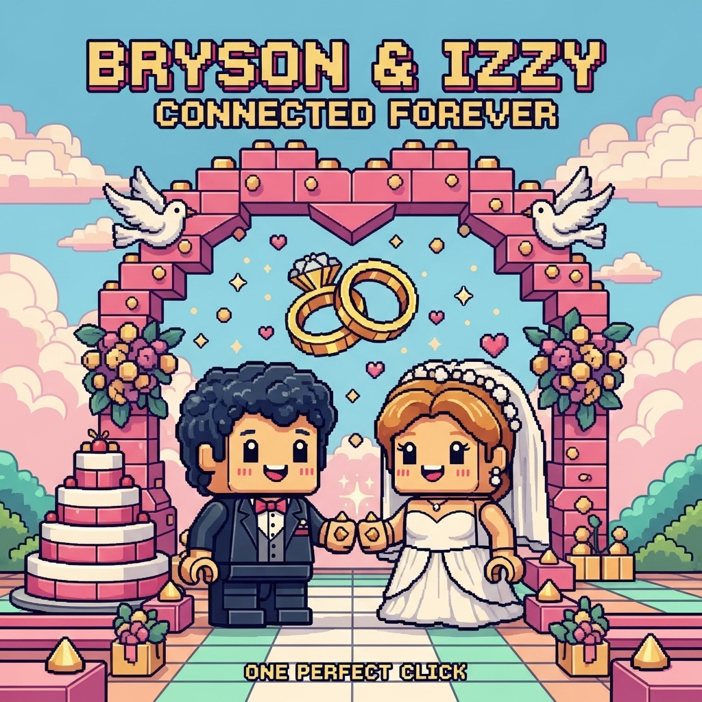 At the top of the Pixel Art Style image, Bryson & Izzy Connected Forever

Create a cute 8-bit pixel art wedding scene in a LEGO-style brick world. Center composition: two adorable blocky minifig characters holding hands, their studded hands “clicking” together with a tiny sparkle. One wears a tuxedo, one a flowing gown, both with big smiling pixel eyes and rosy cheeks. They stand beneath a heart-shaped brick arch, with two interlocking gold brick rings floating above them. Pixel confetti (tiny hearts and studs) rains down. A small brick wedding cake sits to the side; doves made of tiny bricks perch on the arch. Background: pastel sky with chunky square clouds; foreground: a studded tile aisle in soft mint and blush. Use a vibrant, limited palette (bubblegum pinks, sky blues, mint, lavender, warm cream, pops of gold), thick outlines, minimal shading with gentle dithering, and clean, chunky square pixels (no anti-aliasing). Render the top text in a blocky pixel font that looks like stacked toy bricks, keeping it cute and compact so the image stays dominant. At the bottom in tiny pixel letters, add: One perfect click.
Generated with these themes: Lego, and .
Made with ❤️ by AI.
