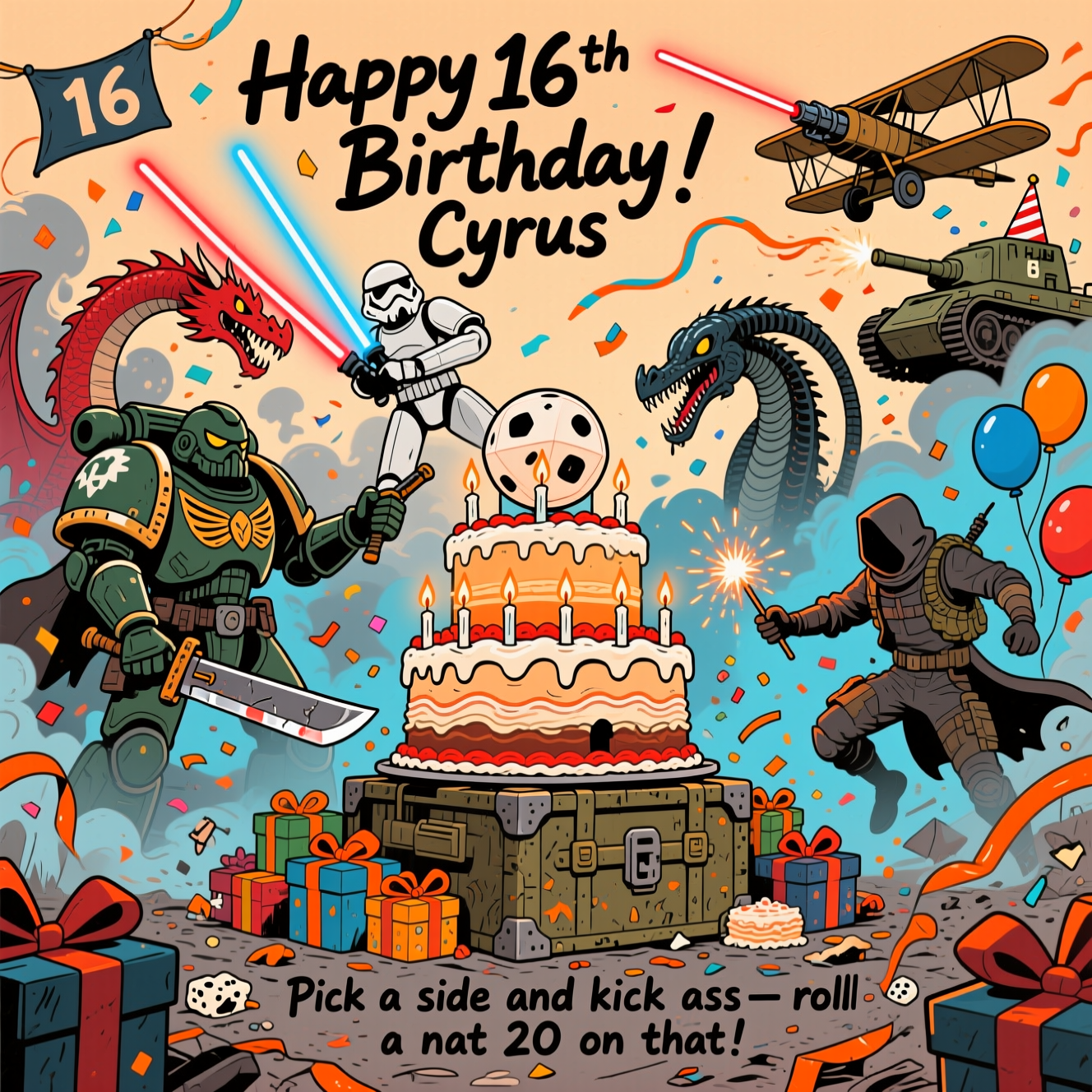 At the top of the Illustration Style image, "Happy 16th Birthday Cyrus"
At the bottom of the image, "Pick a side and kick ass—roll a nat 20 on that cake!"

Hand-drawn illustration with fine linework and textured brush strokes, warm expressive palette of burnished oranges, deep blues, gunmetal grays, and neon accents. Center stage: a towering birthday cake shaped like a war-torn fortress atop an ammo crate, candles flickering like tiny flares. Around it, a chaotic, celebratory crossover battlefield: a grimdark power-armored space marine brandishes a chainsword like a cake knife; a stormtrooper wildly misses the candles with blaster confetti while a red-and-blue lightsaber streak crosses the smoky background; a red dragon coils around an oversized d20 and a hoard of wrapped gifts, puffing a tiny spark at a candle; overhead, a WW1 biplane trails a “16” banner while a WW2 tank with a party hat turret fires a streamer; a Battlefield-style modern soldier slides through orange-blue tracer smoke holding sparklers like flares; a hooded assassin mid-leap extends a hidden blade to delicately “slice” a candle; a sleek xenomorph drools frosting while a cloaked Predator’s tri-laser dots the top candle. No gore—just confetti, streamers, balloon shards, and cake crumbs flying. Balanced composition with the cake as the focal point and characters arcing in a dynamic semicircle. Bold, hand-lettered text integrated into the scene with scuffed, battle-worn edges and tiny dice pips and scorch marks to match the rowdy, rude, celebration vibe.
Generated with these themes: Warhammer 40k, Star wars, Dungeons and dragons, World War 1 and 2, Battlefield, Assassins Creed, Alien and Predator, and .
Made with ❤️ by AI.