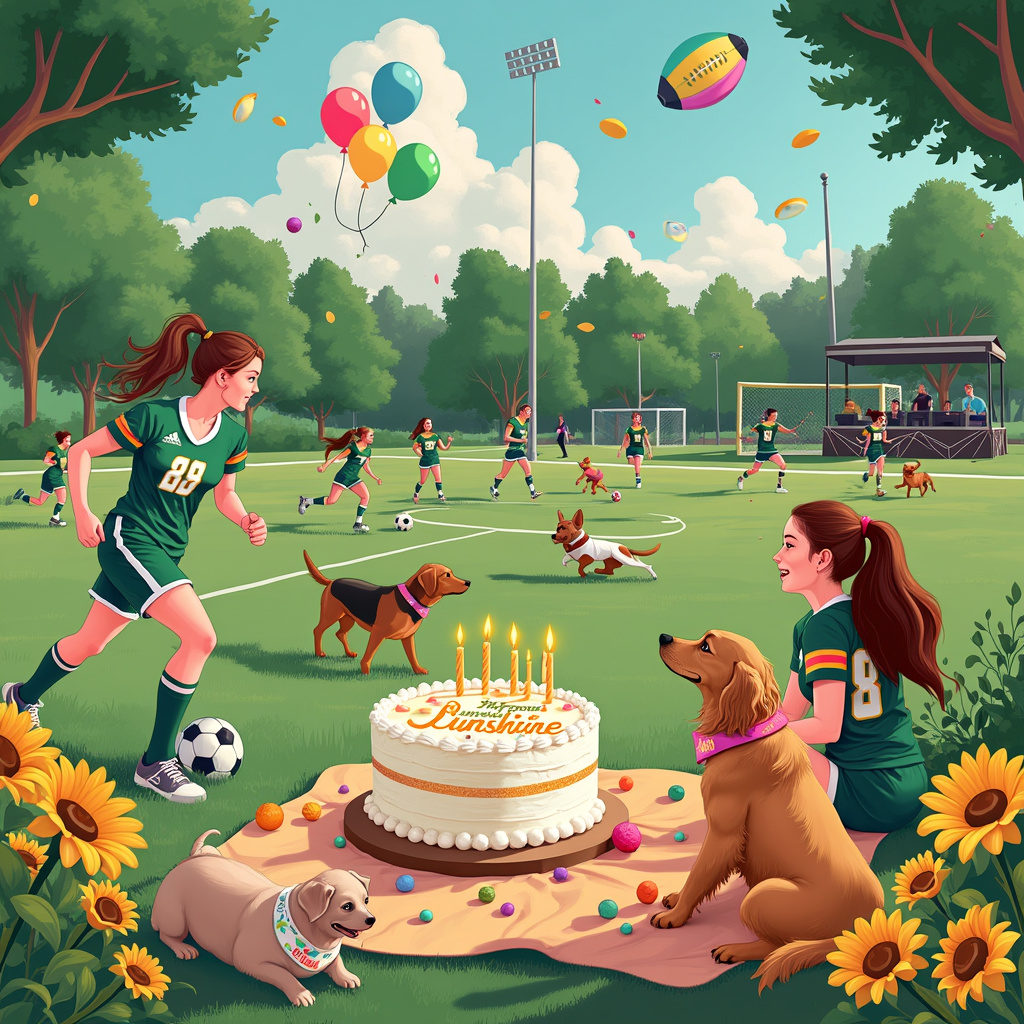 The birthday card front cover depicts a vibrant, sunlit park where a joyous scene unfolds. In the foreground, there’s a women’s football game in full swing. The players are wearing colorful uniforms in hues of green and blue, with one team sporting jerseys that have the number 8 prominently displayed—a nod to Billie Eilish. The women on the field are mid-action, one about to kick a ball while another leaps to block it, their faces full of determination and fun.

To the right side of the scene, a group of friends is sitting on a picnic blanket decorated with sunflowers. They are cheering on the players and sharing a large, frosted birthday cake. The cake has intricate icing in the shape of footballs and paw prints. The top of the cake is adorned with the words "Happy Birthday, My Sunshine" written in elegant cursive with edible glitter.

In the middle ground, just behind the football field, there is a playful gathering of dogs. Different breeds, from a golden retriever to a dachshund, chase after frisbees and balls, their tails wagging energetically. One particularly fluffy dog has a bandana that says "Team Billie" around its neck.

In the sky above, there are fluffy clouds shaped like musical notes, a subtle homage to Billie Eilish's musical talent. Among these clouds, a vibrant, rainbow-colored banner with the words "My Sunshine" is floating, held aloft by a pair of cheerful, cartoon-like balloons.

In the background, there's a stage set up with musical instruments, hinting at an upcoming performance. The microphone stand has a distinct green hue, and a piano with black and neon-green keys, again a nod to Billie Eilish’s signature style, stands ready. The scene is filled with dynamic elements that tell a story of celebration, friendship, and love for both sports and music.
Generated with these themes: Womens football, Friends, Dogs, and Billie eilish.
Made with ❤️ by AI.