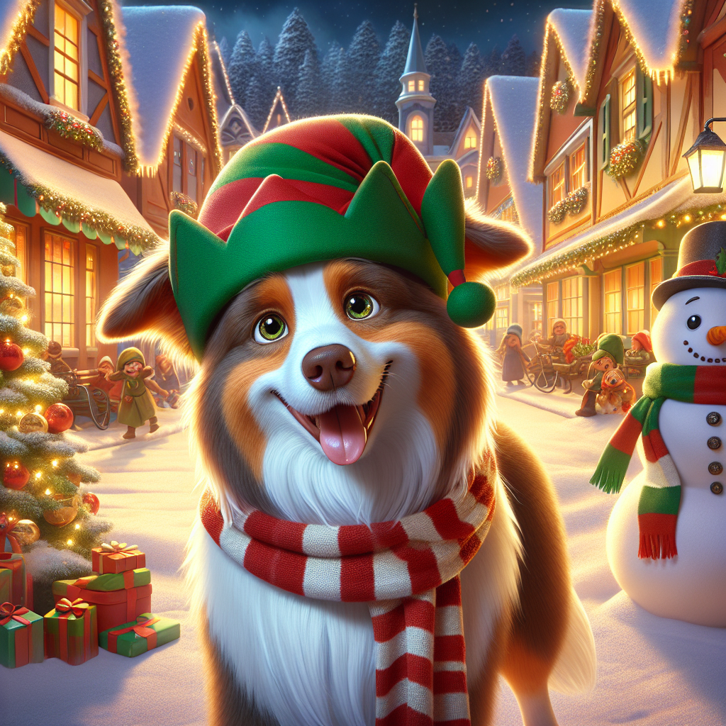 In the midst of a quaint Christmas village, filled with gingerbread houses and twinkling lights, a captivating cartoon scenario unveils featuring a full-grown Border Collie. The endearing canine, characterized by a glossy coat of white and light tan hues and deep, soulful brown eyes, exudes the festive cheer. Adorned in a jovial green elf hat that allows its ears to peek through, and a red-and-white striped scarf billowing in the wind, the Collie stands with a snowman, who bears a matching scarf. With a canine smile on its face, the elated dog is set against the backdrop of a choir joyously singing classic carols, with the soft luminance from traditional holiday lanterns casting a warm light onto its cheerful visage.
.
Made with ❤️ by AI.