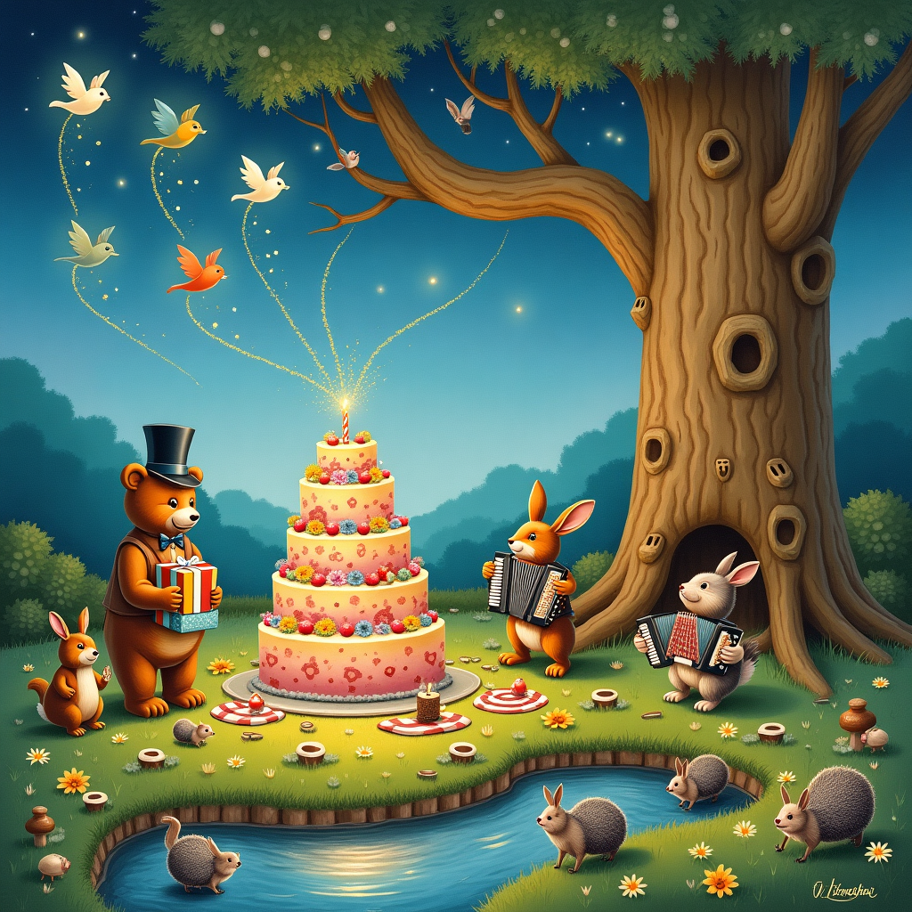 In this whimsical birthday scene, we find ourselves in a magical woodland glade, inspired by the playful charm of Beatrix Potter and the enchanting intricacy of Arthur Rackham. A delightful gathering of forest creatures surrounds a grand birthday picnic, with the centerpiece being a gigantic cake topped with forest fruits and delicate sugar flowers. A jolly teddy bear, adorned in a tiny top hat and bow tie reminiscent of Quentin Blake's characters, stands beside the cake, balancing a stack of colorful gifts wrapped in polka-dotted paper.

The sky is a brilliant watercolor wash of twilight blues and purples, with a flock of friendly birds forming the words "Happy Birthday Khala Khinnu 💃🏻💃🏻" with trails of golden stardust across the sky, taking a cue from Maxfield Parrish’s ethereal use of color. The forest is teeming with activity; a rabbit in a waistcoat juggles acorns while a fox in a dapper vest plays a miniature accordion, inspired by the lively energy of Maurice Sendak’s characters.

In the foreground, a family of hedgehogs is engaged in a friendly game of checkers using mushrooms and acorn caps for pieces, all beneath a tree whose trunk is intricately carved with patterns and faces in a nod to Gustave Doré's detailed engravings. The roots of this ancient tree twist around a sparkling stream that reflects the shimmering birthday sky, and little woodland critters peer curiously from behind its leafy canopy, adding to the bustling life of the scene.

This entire charming tableau unfolds upon a carpet of lush, mossy grass dotted with colorful wildflowers, a picturesque slice of nature brimming with joy and festivity, ensuring Khala Khinnu’s special day is filled with laughter and whimsy.
Generated with these themes: Teddy bear , and .
Made with ❤️ by AI.